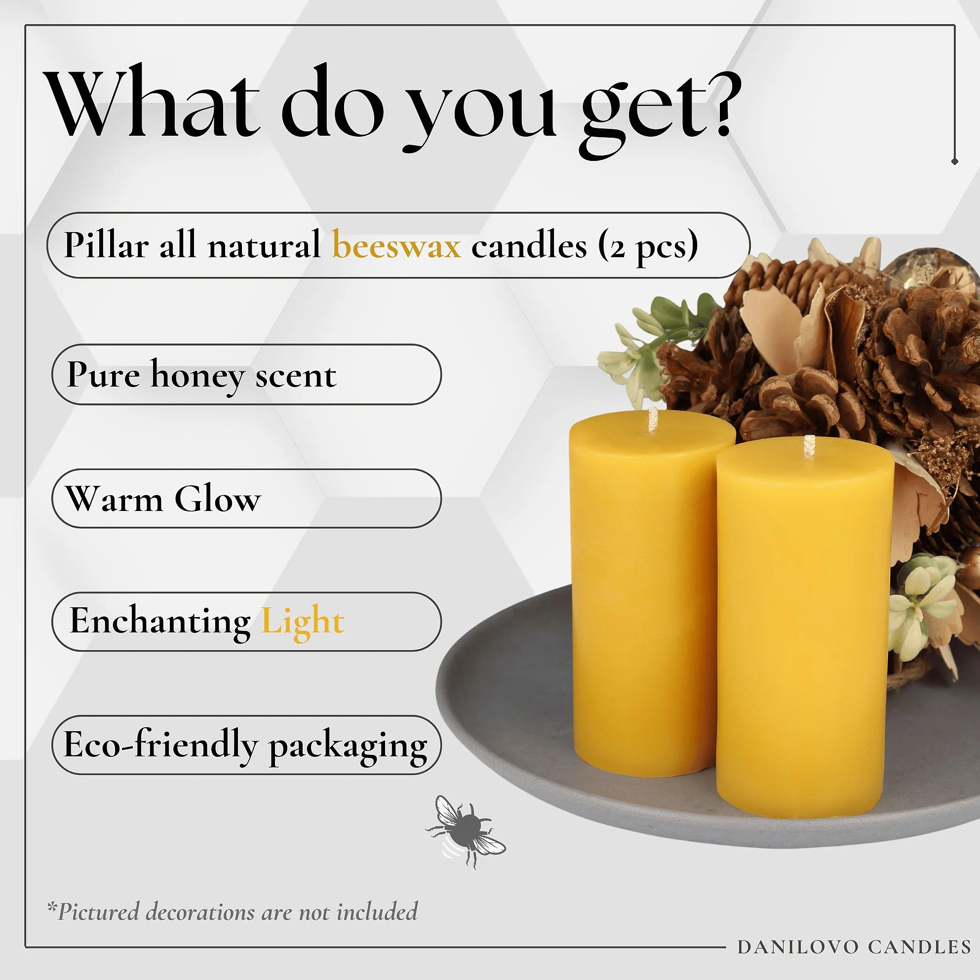Velas de Cera de Abeja Natural 100% Pura Decorativas Grandes 2 pz 5x10 cm 35 horas