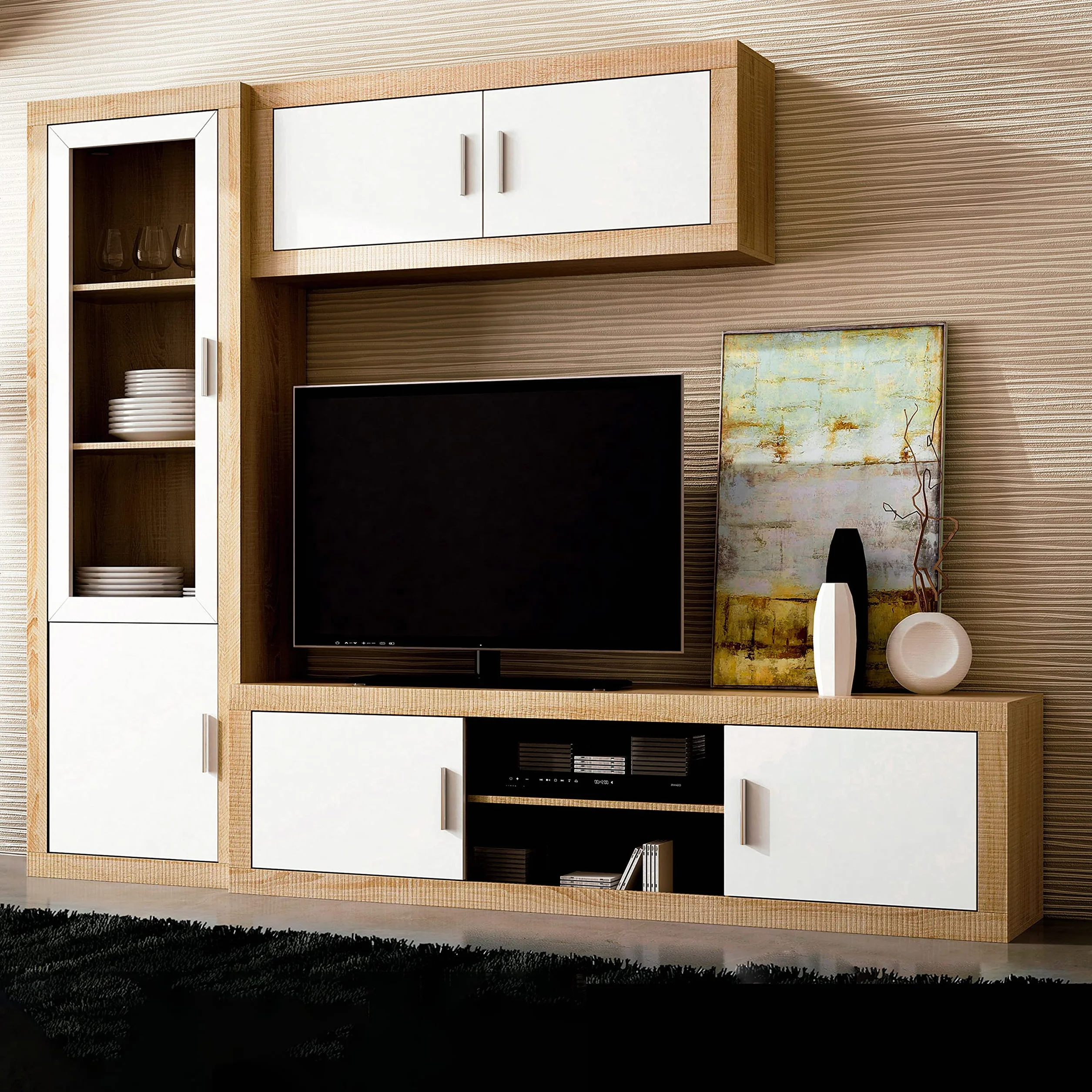 duehome | Salon Modular, Vitrina Reversible con 2 Puertas, Composicion Salon por Piezas, Modelo Nuka, Acabado en Cambria y Blanco, Medidas: 60 cm (Largo) x 193,2 cm (Alto) x 34,6 cm (Fondo)