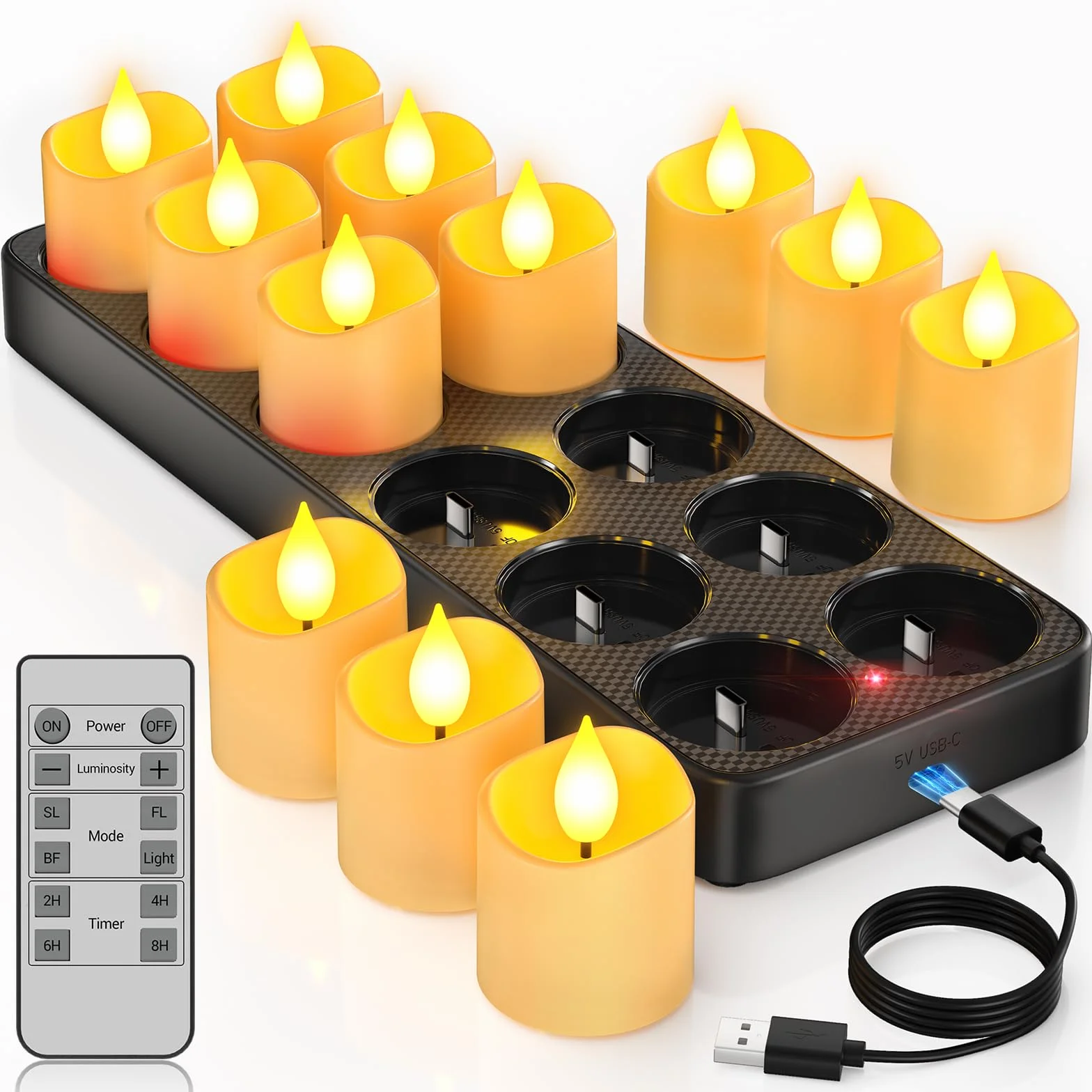 Yme 12 Piezas Velas de Té LED Recargables USB con Base de Carga, Vela LED Efecto Llama Velas Electricas Decorativas con Mando a Distancia para Halloween Navidad Fiesta Hogar Cara Decoración