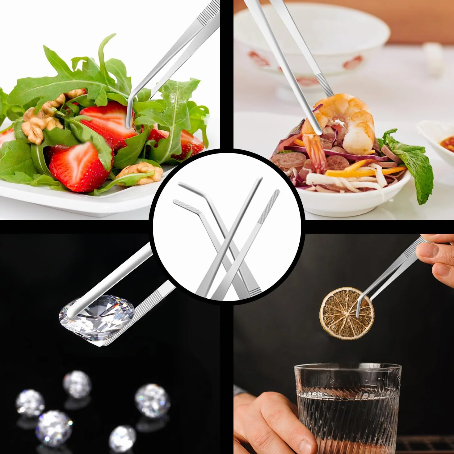 Pinzas de cocina de acero inoxidable de 8 pulgadas de largo, pinzas grandes resistentes para alimentos con puntas dentadas de precisión para cocinar (8 pulgadas rectas + curvas)