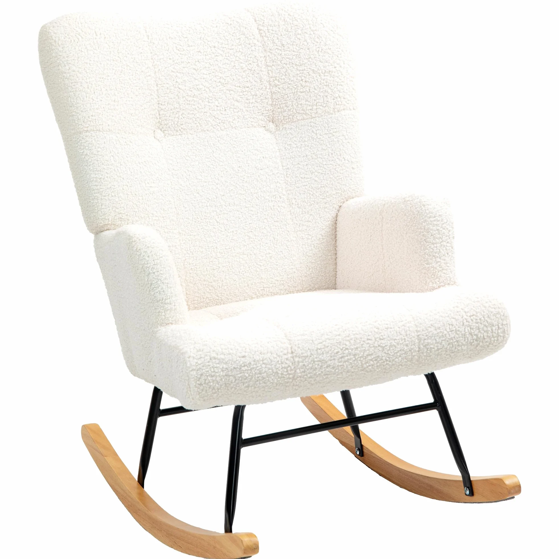 HOMCOM Silla Mecedora, Mecedora de Terciopelo de Teddy con Respaldo Alto, Patas de Madera de Caucho, Reposabrazos, Estilo Moderno, Sillón de Lactancia, Carga 120 kg, para Dormitorio, Salón, Crema