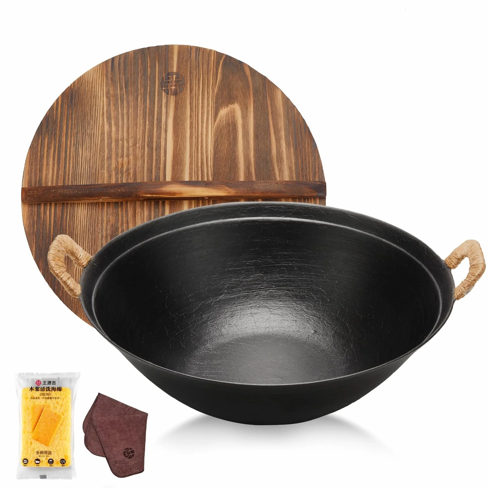 WANGYUANJI wok de hierro fundido con tapa de madera, wok de fondo plano de 36cm, sartén grande para saltear para