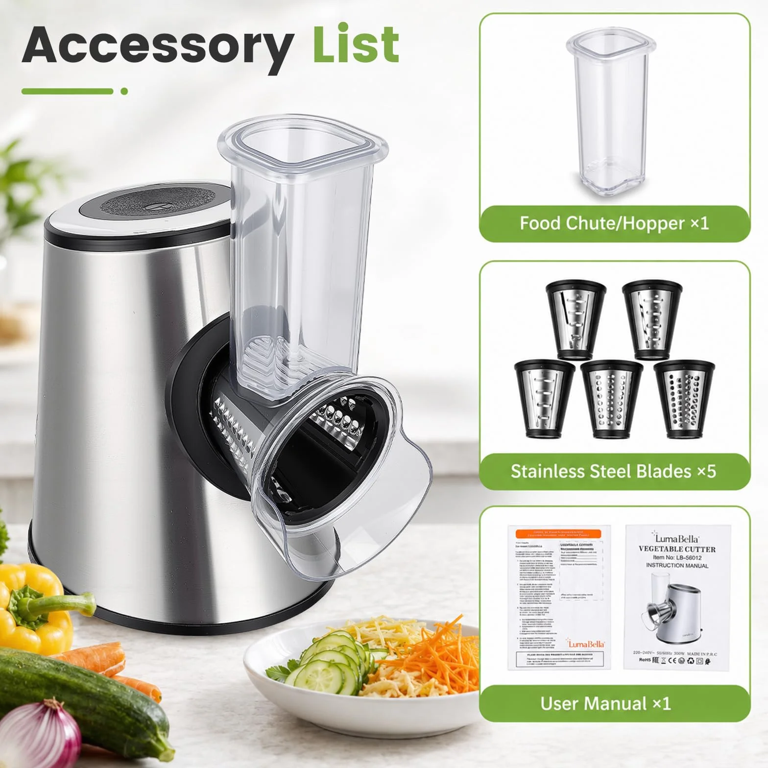 Rallador Eléctrico Profesional 5 en 1, 800 W con 5 Conos en Acero Inoxidable, Cortador y Picadora Multifunción con Apertura Grande de 9 cm para Frutas, Verduras, Queso, Nueces, Zanahorias, Gris