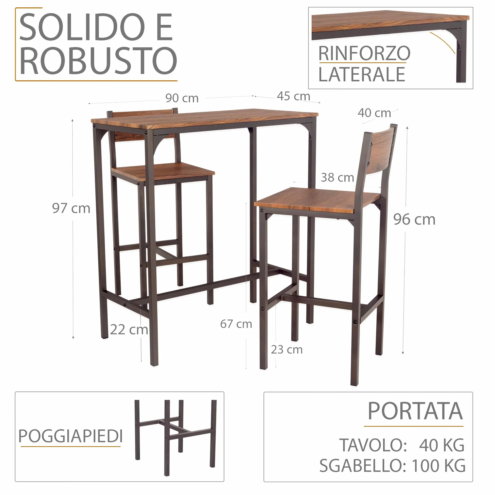 YELLOO Venice Set Mesa de Bar y 4 Taburetes Color Marron Design Sillas