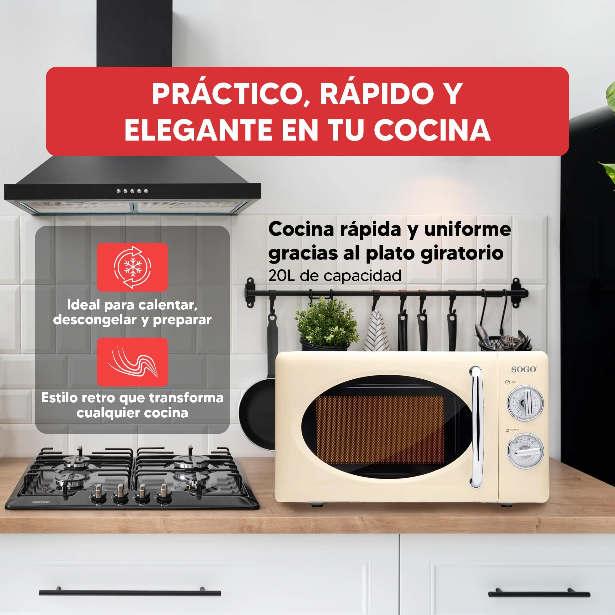 Sogo Microondas 20L 700W Vintage Beige 5 Potencias Descongelar Temporizador