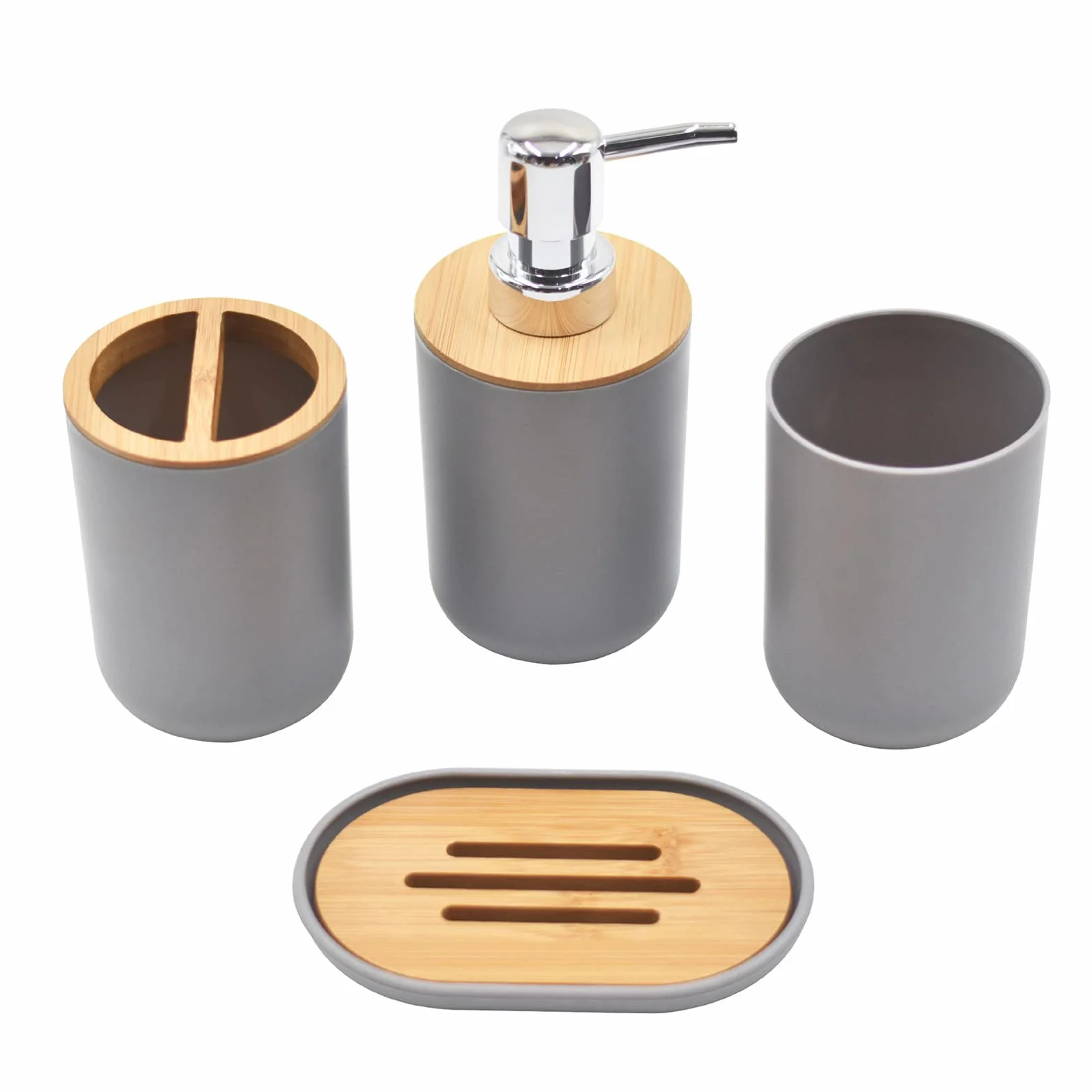 Juegos de Accesorios de baño, Simple Madera Acesorios Cuartos de Baño 4 Piezas con Dispensador Jabon Baño, Jabonera Baño, Porta Cepillo de Dientes, Bandeja, para Champú Gris/Blanco/Negro