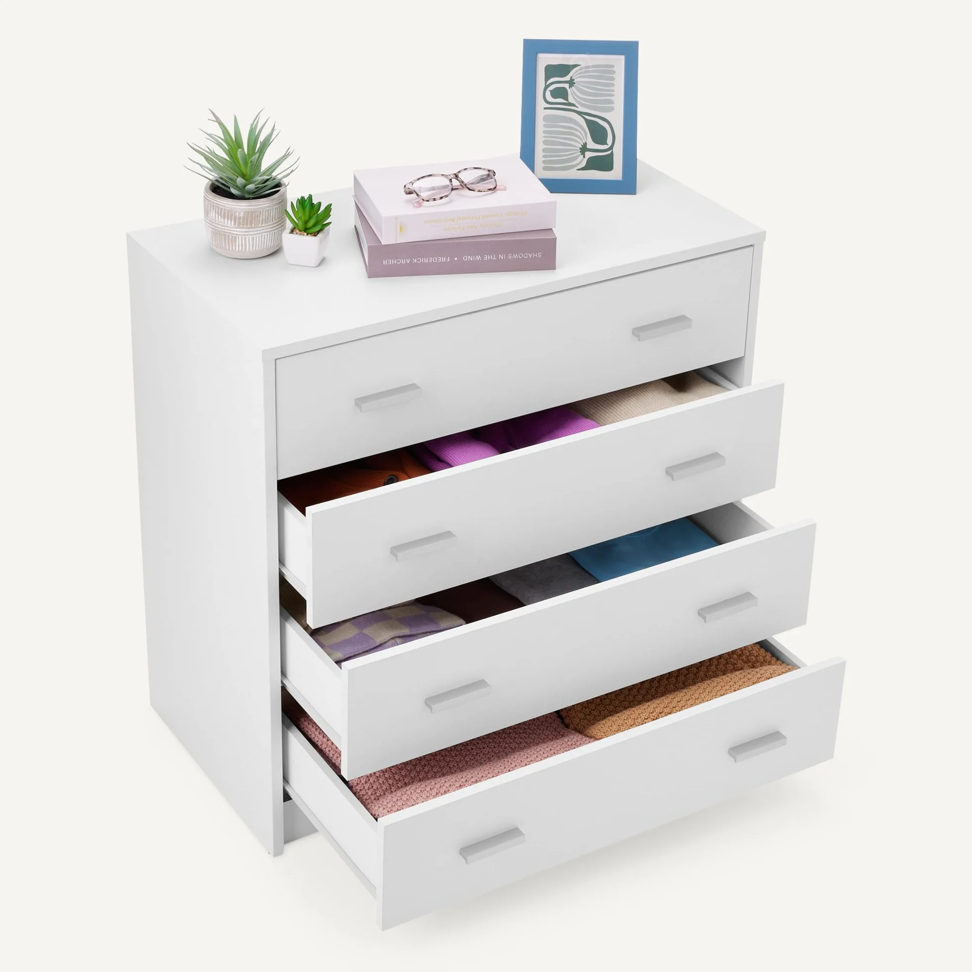 Amazon Basics Cajonera, Armario de Dormitorio con 4 Cajones, Armario, Tocador de Almacenamiento, Blanco, 40 x 75 x 74cm