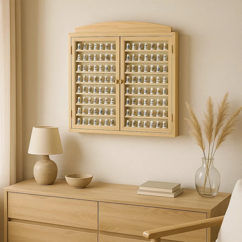 GRECA Vitrina Colecciones dedales. 2 Puertas. Capacidad: 144 dedales. Medidas (Ancho/Fondo/Alto): 60 * 6 * 54 cms. En Madera de Pino en Crudo. para Pintar.. Altura Entre baldas: 4,5 cms.