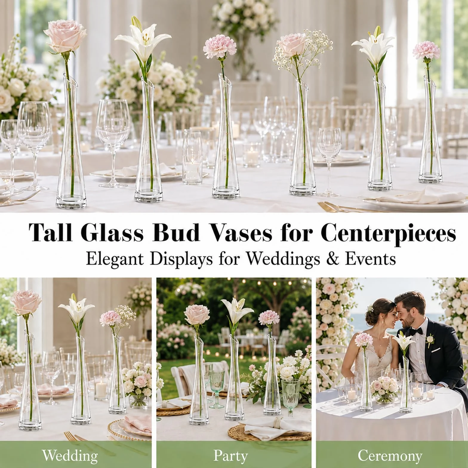 Lallisa Juego de 18 jarrones altos de cristal para centros de mesa, jarrón de rosas delgadas individuales a granel para flores, bodas, fiestas, eventos, decoración de mesa en casa y oficina (7.87