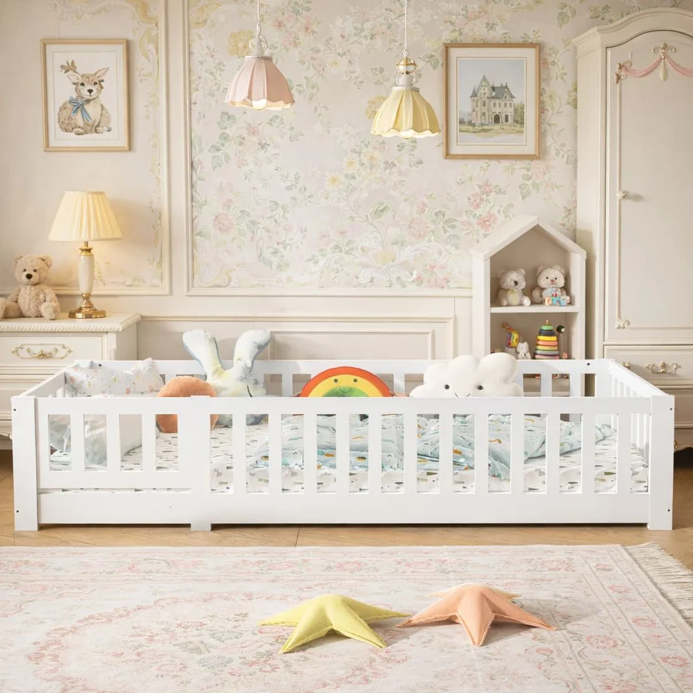 Cama de suelo para niños de 90 x 190 cm con valla y puerta, cama Montessori con protección anticaídas, cama juvenil individual con somier, cama infantil para niños y niñas, blanco (90 x 190 cm