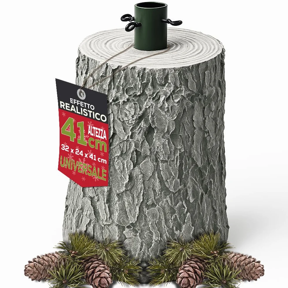 BAKAJI Base de soporte para árbol de Navidad de resina, tronco realista navideño, reproducción fiel a la realidad, sólida y resistente, enganche universal de 40 mm ganchos para ajuste de altura (41 cm