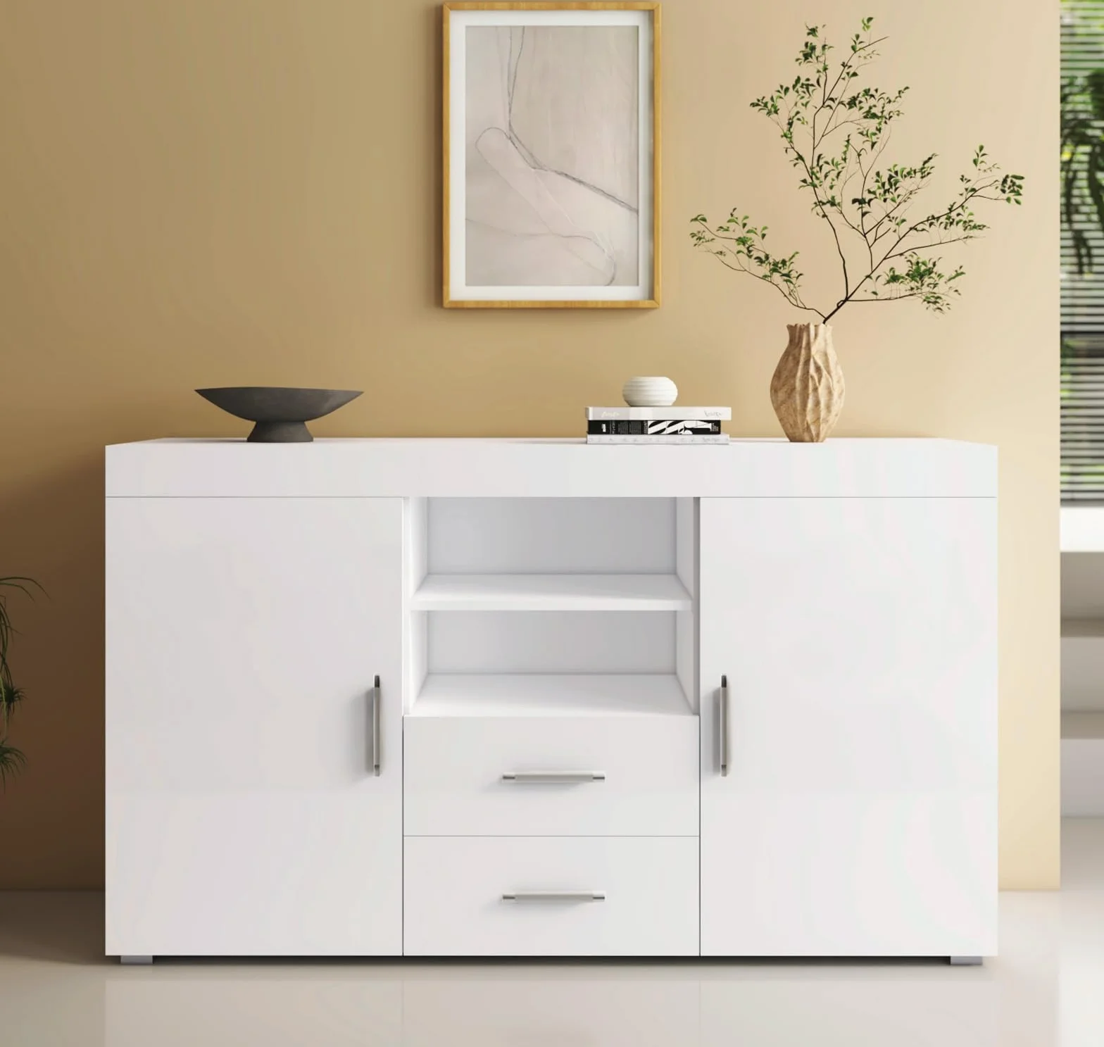 MB Muebles Bonitos Aparador Roque Mueble Auxiliar Moderno 140x82x40 cm Melamina Brillo Blanco