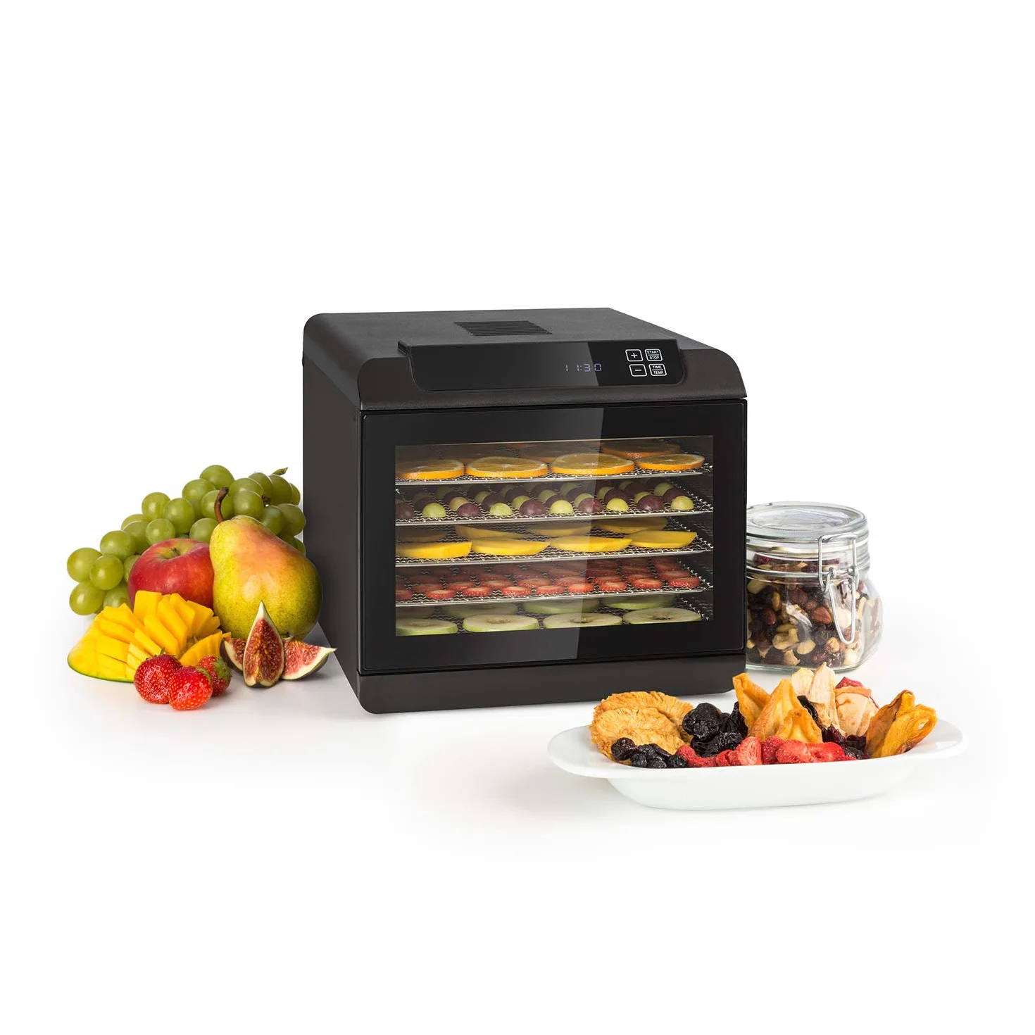 Klarstein Arizona Jerky - Deshidratadora de alimentos, Potencia 500 W, Temperatura regulable 35-70°C, 6 baldas lavables en lavavajillas, Períodos cortos de secado, Pantalla táctil digital, Antracita