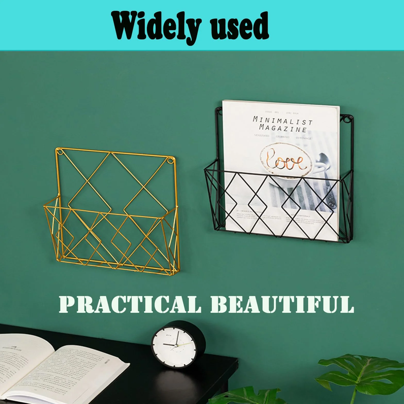 Estantería de pared metálica dorada para revistas y periódicos