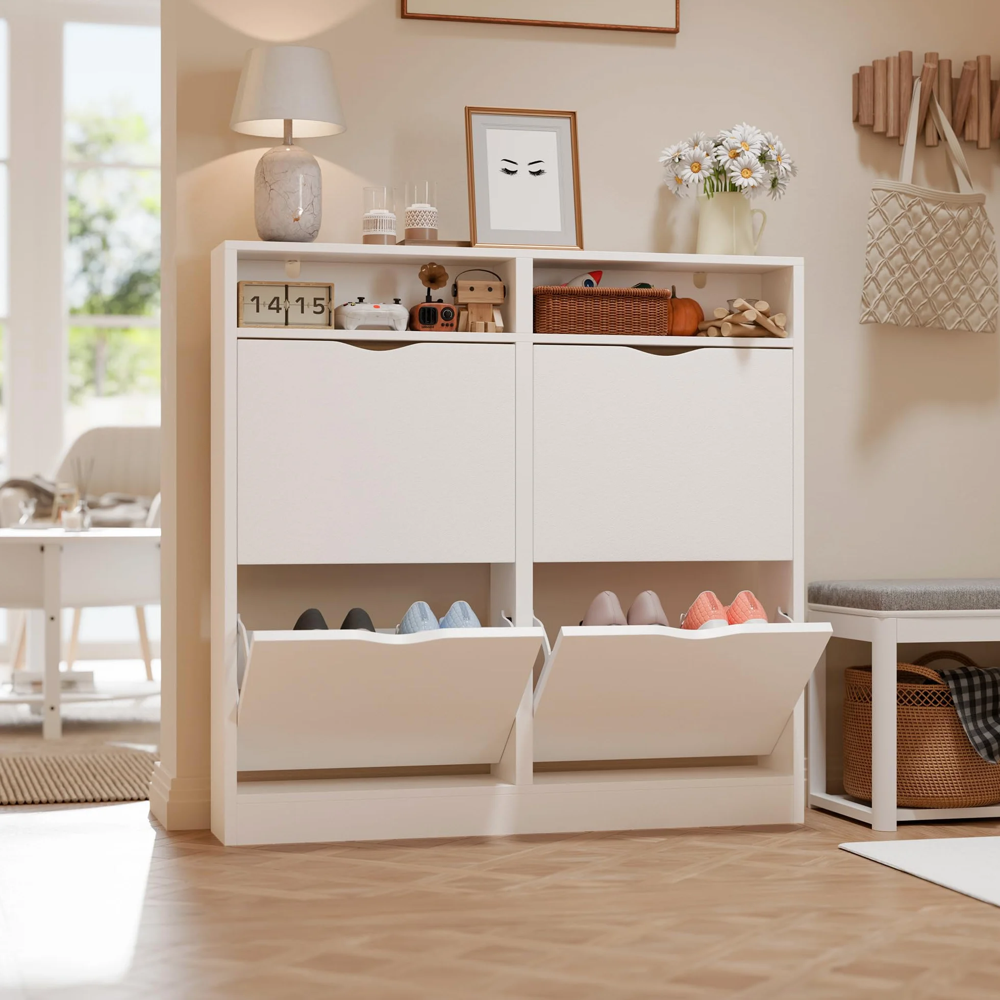 ELUCHANG Zapatero Estrecho con Compartimentos Abiertos & 4 Solapas, Mueble Zapatero Armario Moderno para Entrada, Recibidor y Dormitorio, Madera en Blanco, 100x17x100cm