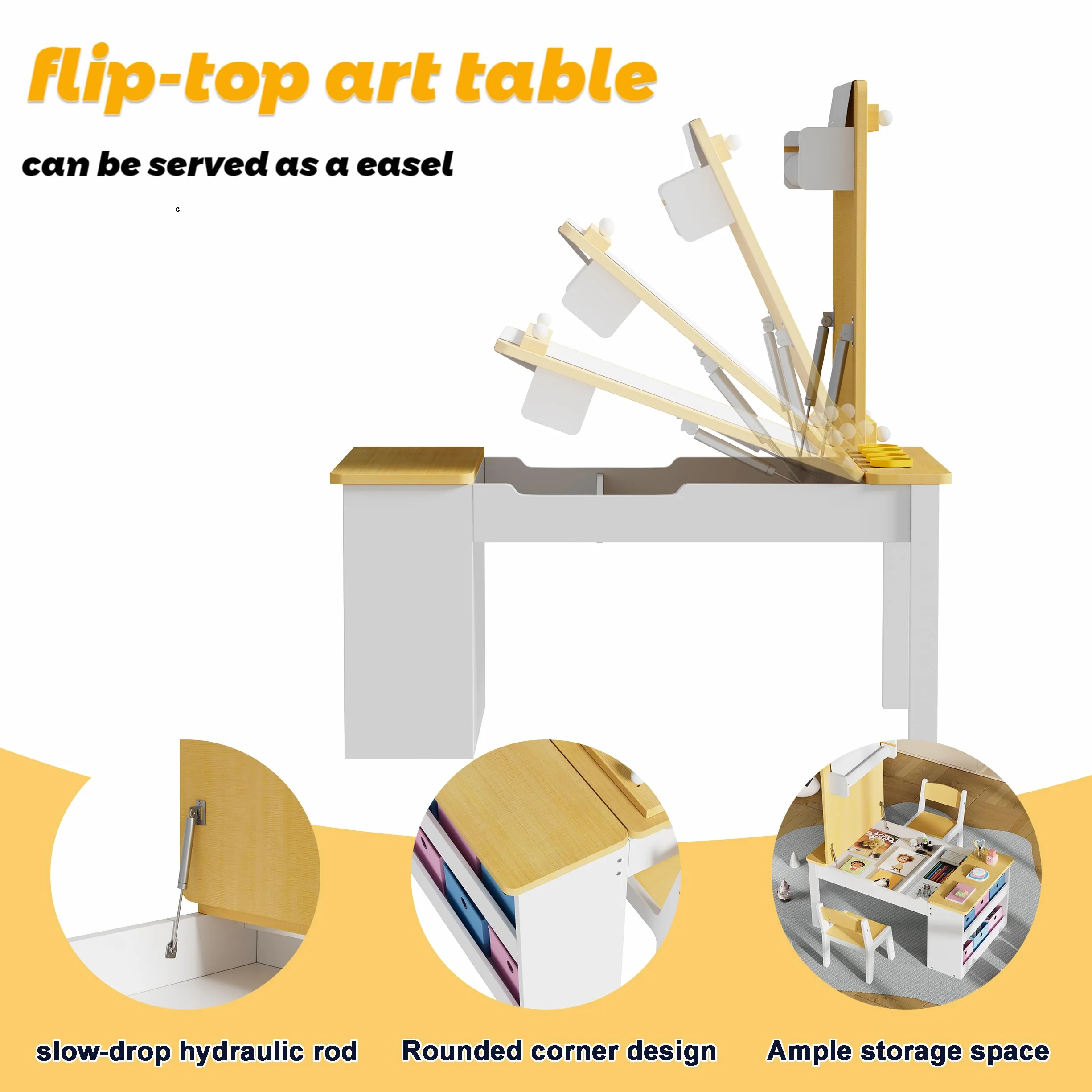 MSFE Mesa Infantil Madera con Sillas,Escritorio de Caballete de Madera para Niños Pequeños con 6 Cajas de Almacenamiento con 2 Sillas de Maderas, Mesa de Juego para Niños,104 * 60 * 53CM