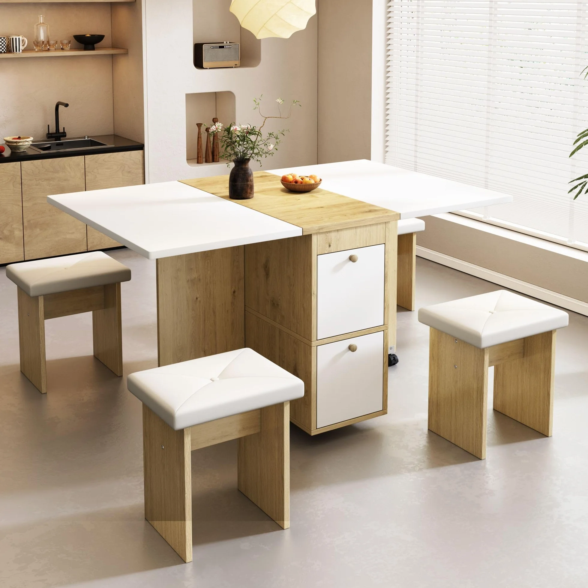 Juego de Comedor Mesa y 4 Sillas, Mesa de Comedor Plegable con Sillas, 120x80x75 cm Juego de Mesa de Comedor Rectangular Extensible con 4 Sillas Cocina, con Función de Almacenamiento (Blanco)