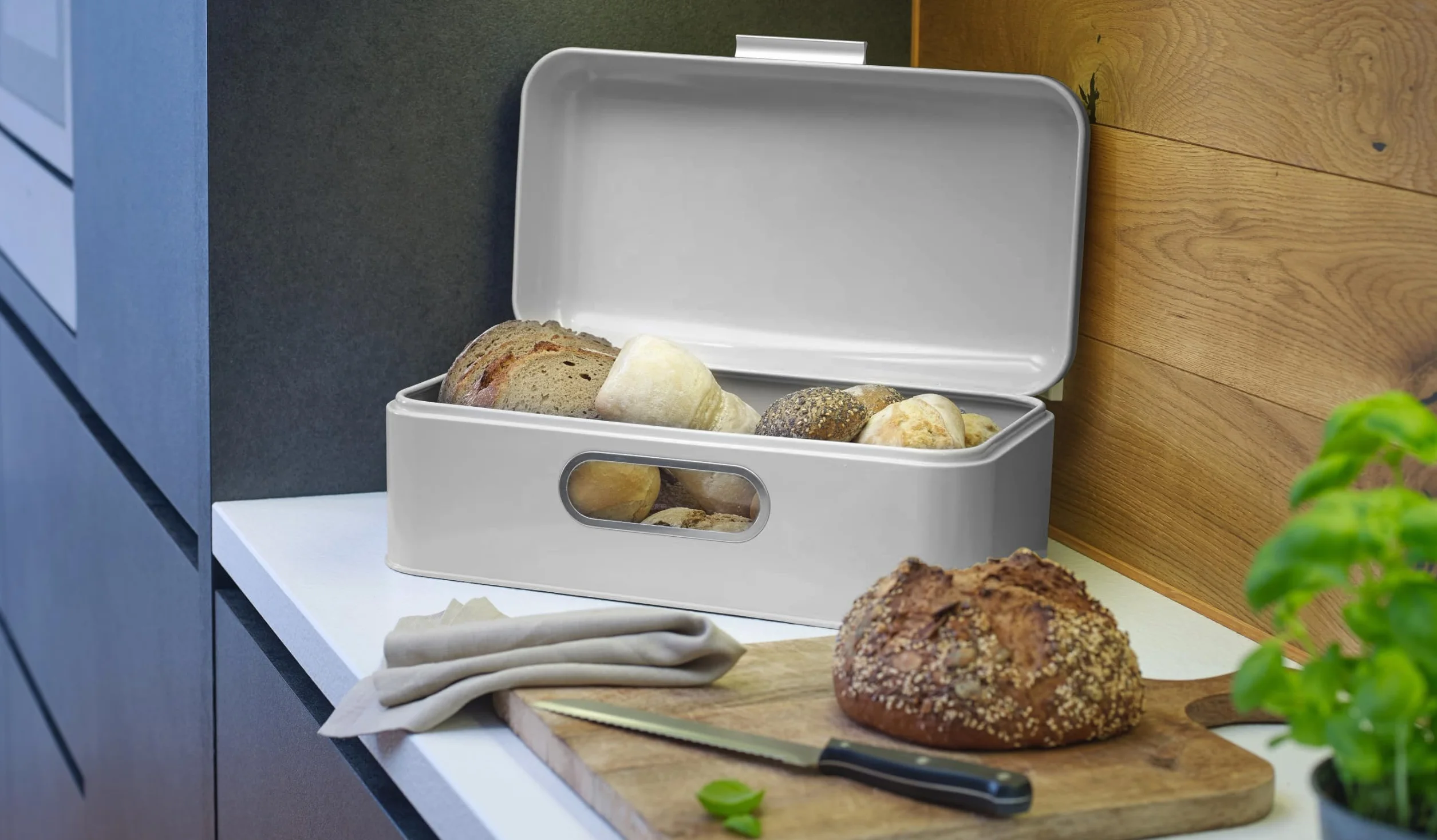ECHTWERK Elegante panera de metal retro con ventana, caja de almacenamiento de ahorro de espacio, cesta de pan con tapa, almacenamiento para pan fresco aún más tiempo, gris, 42 x 23 x 16,5 cm