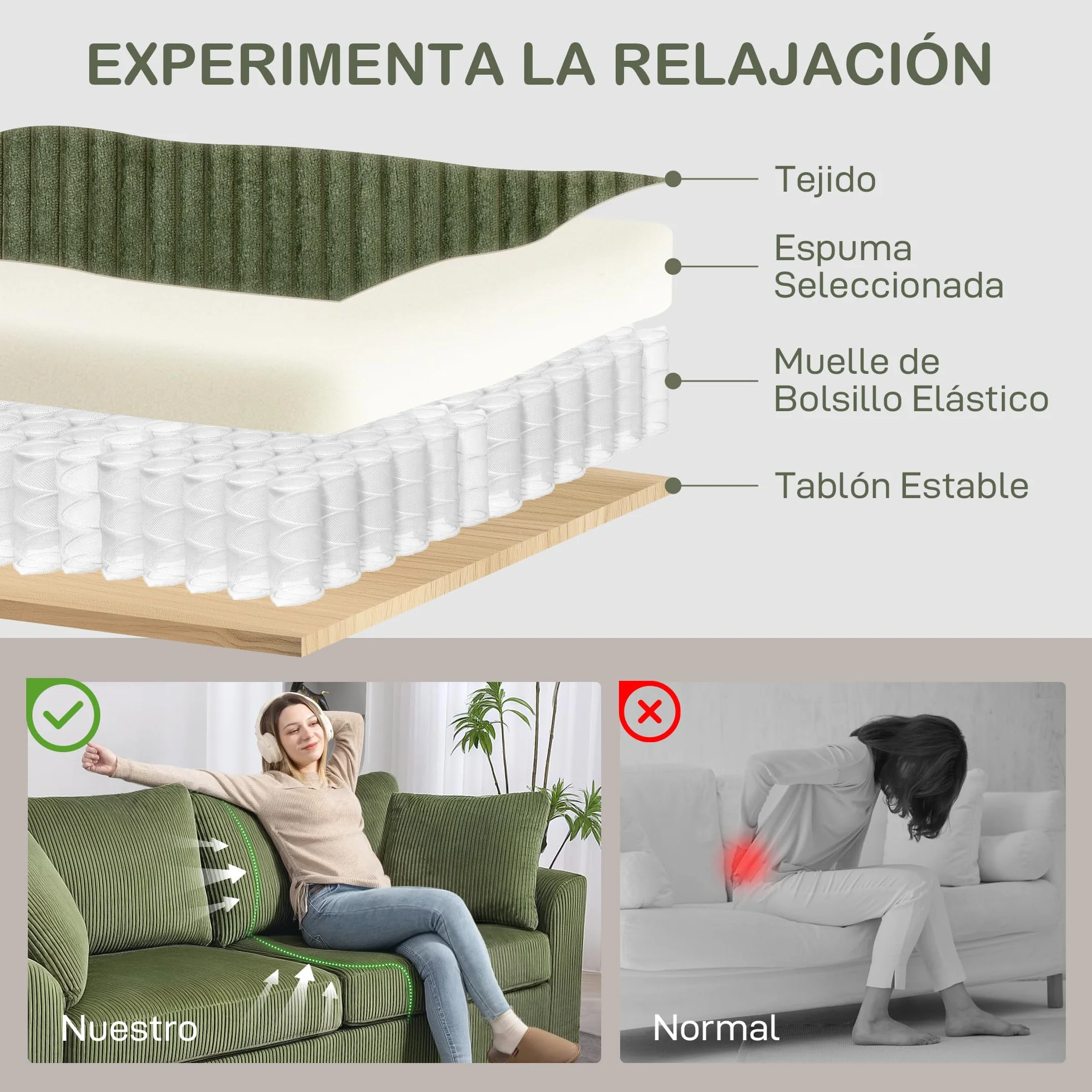 HOMCOM Sofá de 3 Plazas Sofá de Salón 212x80x88 cm Tapizado en Pana con 2 Almohadas Reposabrazos y Cojín de Muelles Diseño Moderno para Sala de Estar Dormitorio Verde