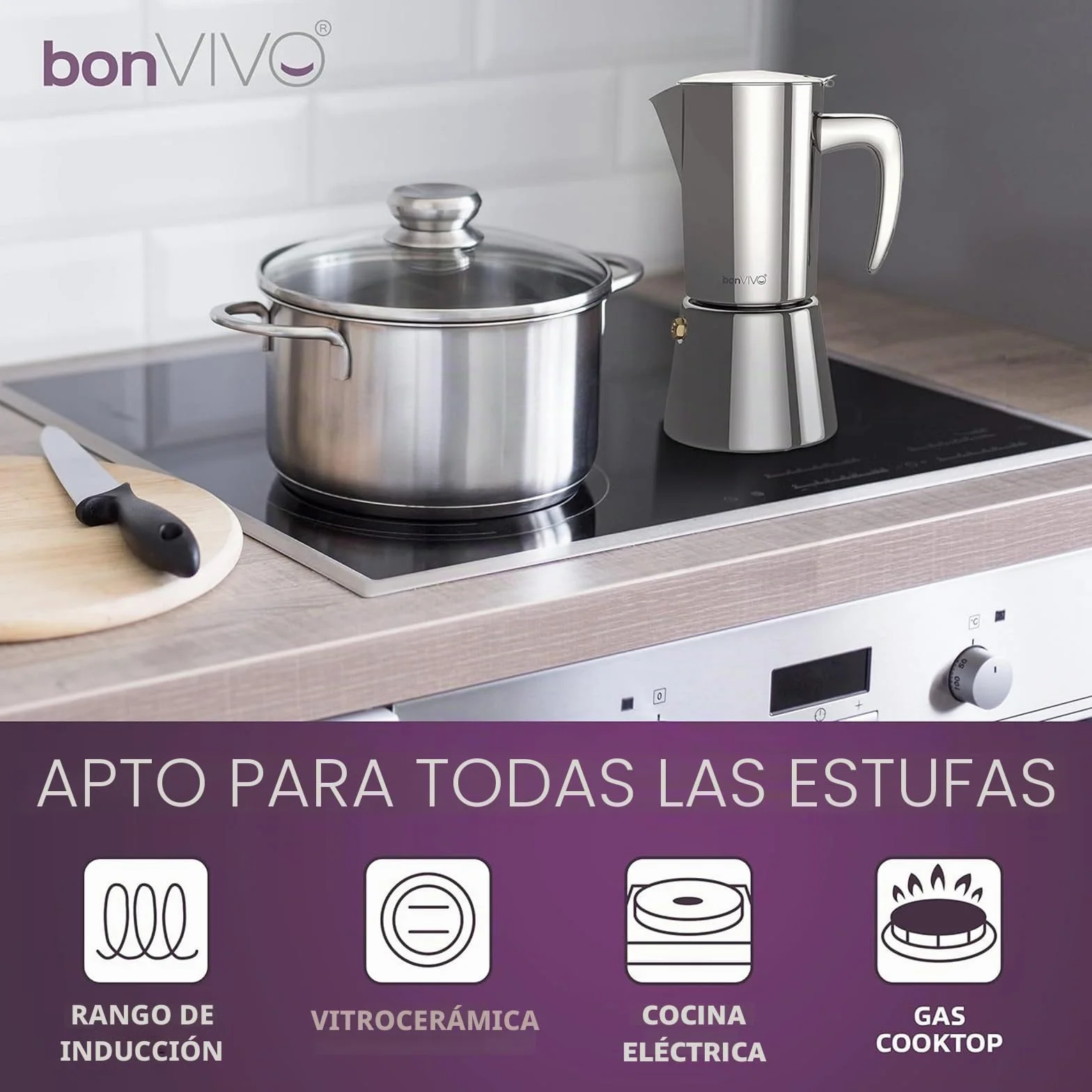 bonVIVO Cafetera Italiana – Cafetera Moka de Acero Inoxidable para Café Espresso – 6 Tazas – Compatible con Inducción, Vitrocerámica, Gas y Eléctrica – Color Cobre Elegante