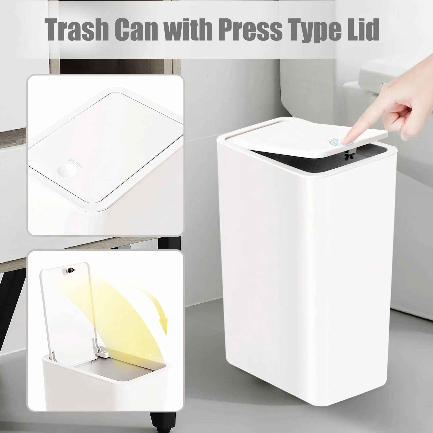 TIPGO Bote de Basura para Baño con Tapa, 10 Litros/2.6 Galones, Cubo de Basura Delgado con Tapa Desplegable Blanco
