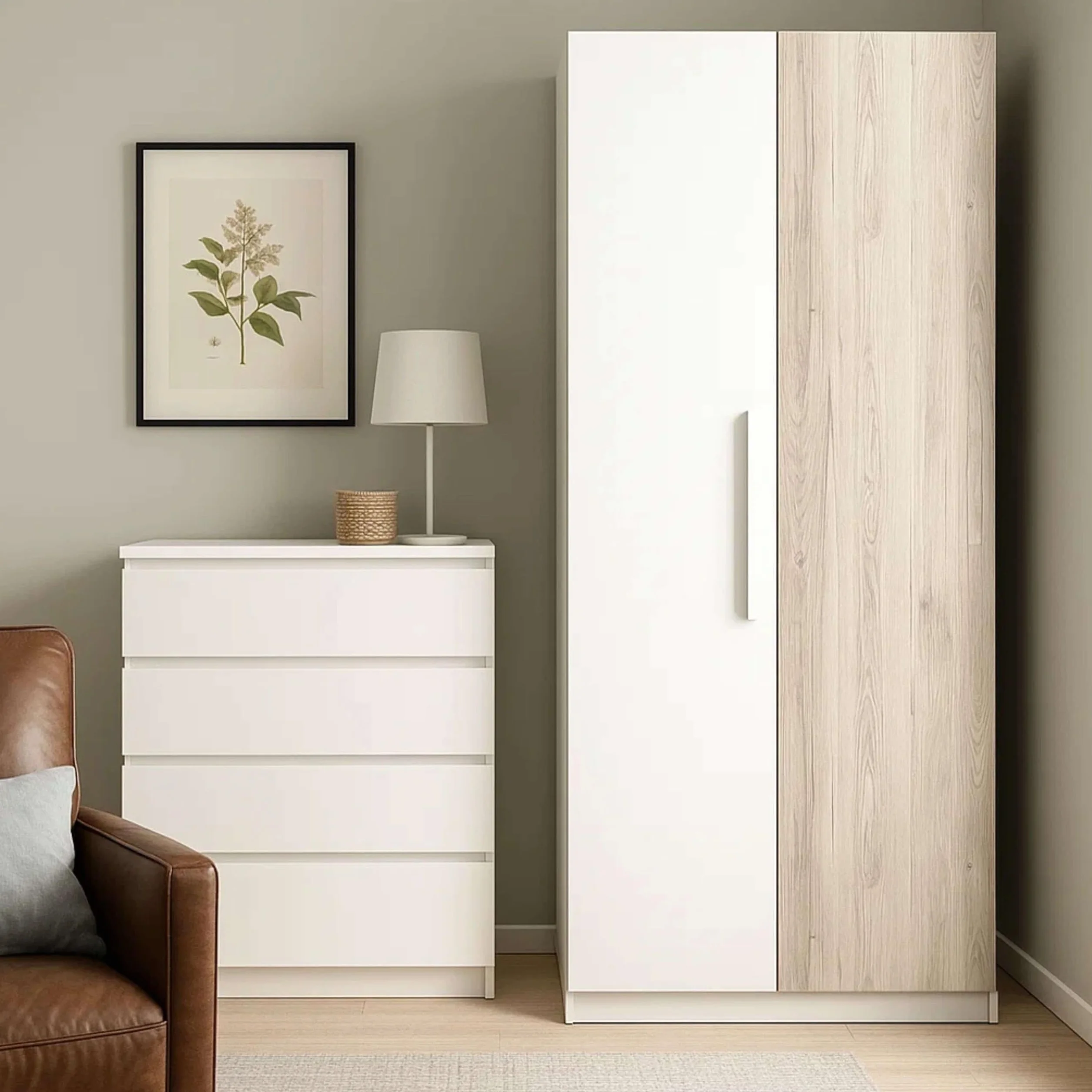Miroytengo Mueble Armario para Habitación Dormitorio Juvenil Estelle Estilo Nórdico en Color Blanco Mate y Roble Sahara con 2 Puertas 90x200 cm