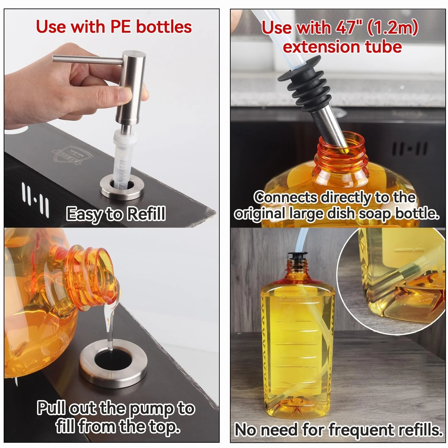 Dispensador de jabón de Cocina Dispensador de jabón sólido Acero Inoxidable 304 for Fregadero Cocina con Botella 17 onzas y Kit Tubo extensión 47 Pulgadas para Fregadero