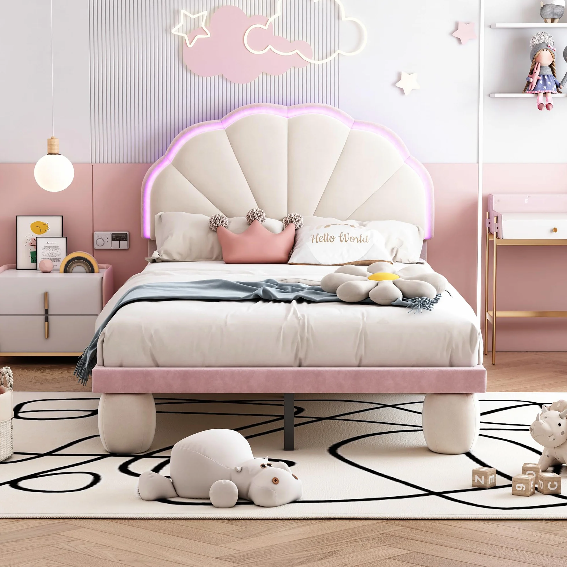 Cama tapizada LED para niños: cama individual de terciopelo en beige y rosa, 90 x 200 cm, con cabecero ondulado, tiras de luz que cambian de color y patas acolchadas, habitación infantil de cuento de