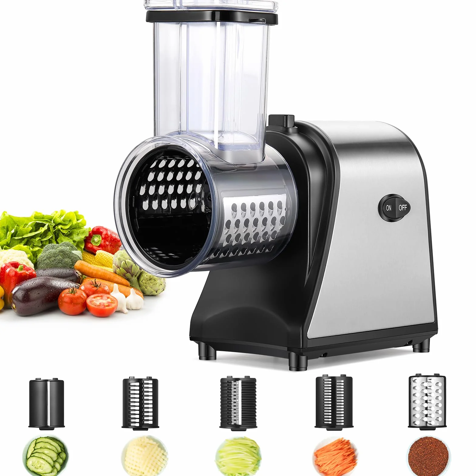 Nictemaw Cortador de Verduras Eléctrico Profesional 250W – Rallador de Queso Acero Inoxidable y Mandolina con 5 Cuchillas – Boca Extra Ancha 9,2cm para Frutas – Rápido Meal Prep