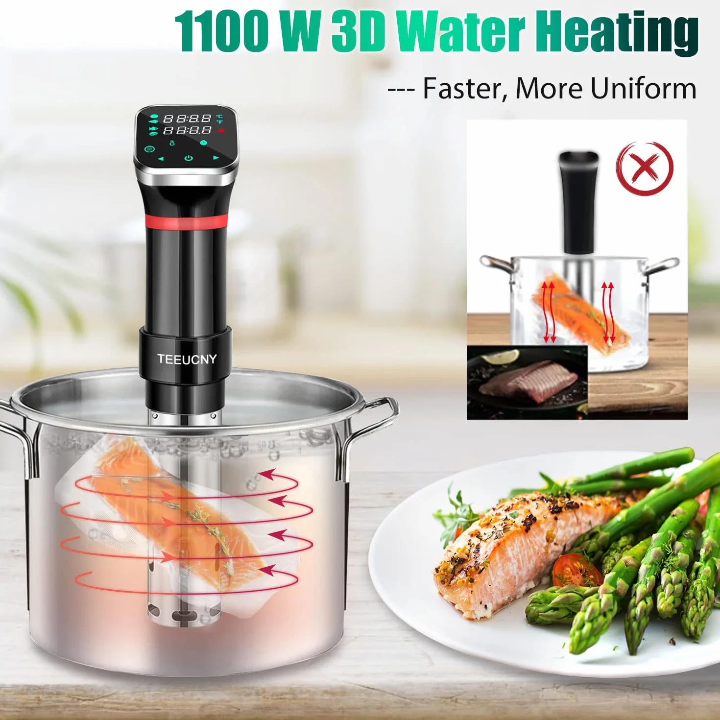 Sous Vide Aparato de Cocina Precisión, Máquinas para Cocinar al Vacío, Circulador de Inmersión Termal con Pantalla LCD Legible, Temporizador Ajuste de Temperatura, Noxidable Libre de BPA 1100W