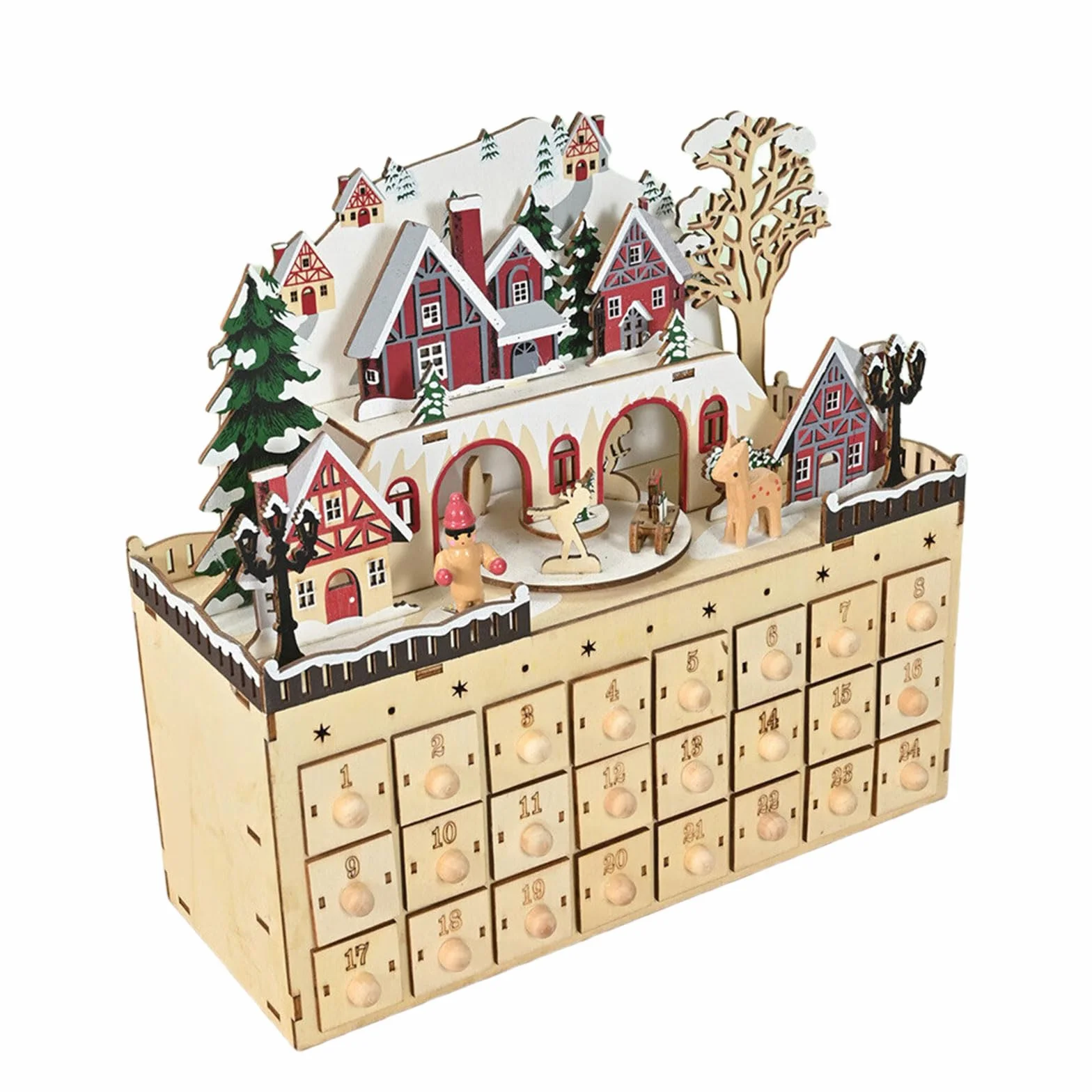 Gabinete de madera natural con calendario de Adviento de Navidad con 24 compartimentos de regalo, decoración de casa de pueblo, adorno de cuenta regresiva con compartimento