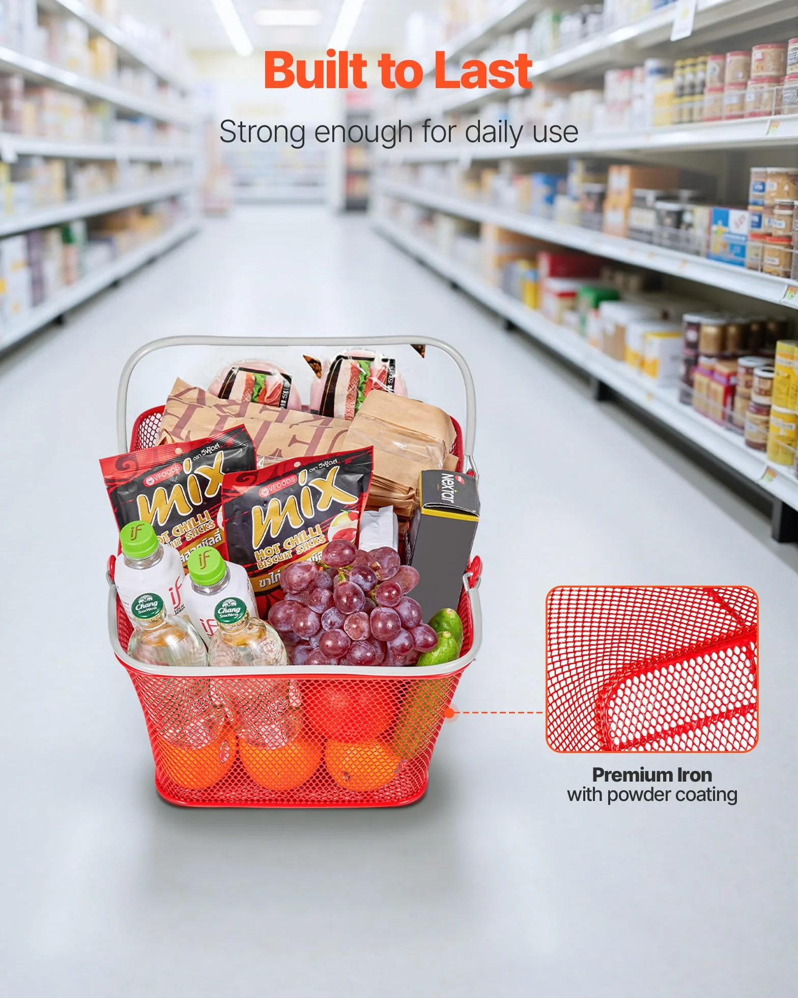 VEVOR Cestas de Compra con Asas 12 Piezas 42 x 32 x 19 cm, Apilables, de Metal, Estructura de Malla Densa, Capacidad de hasta 20 kg, para Supermercados, Tiendas, Librerías, Uso Doméstico, Rojo