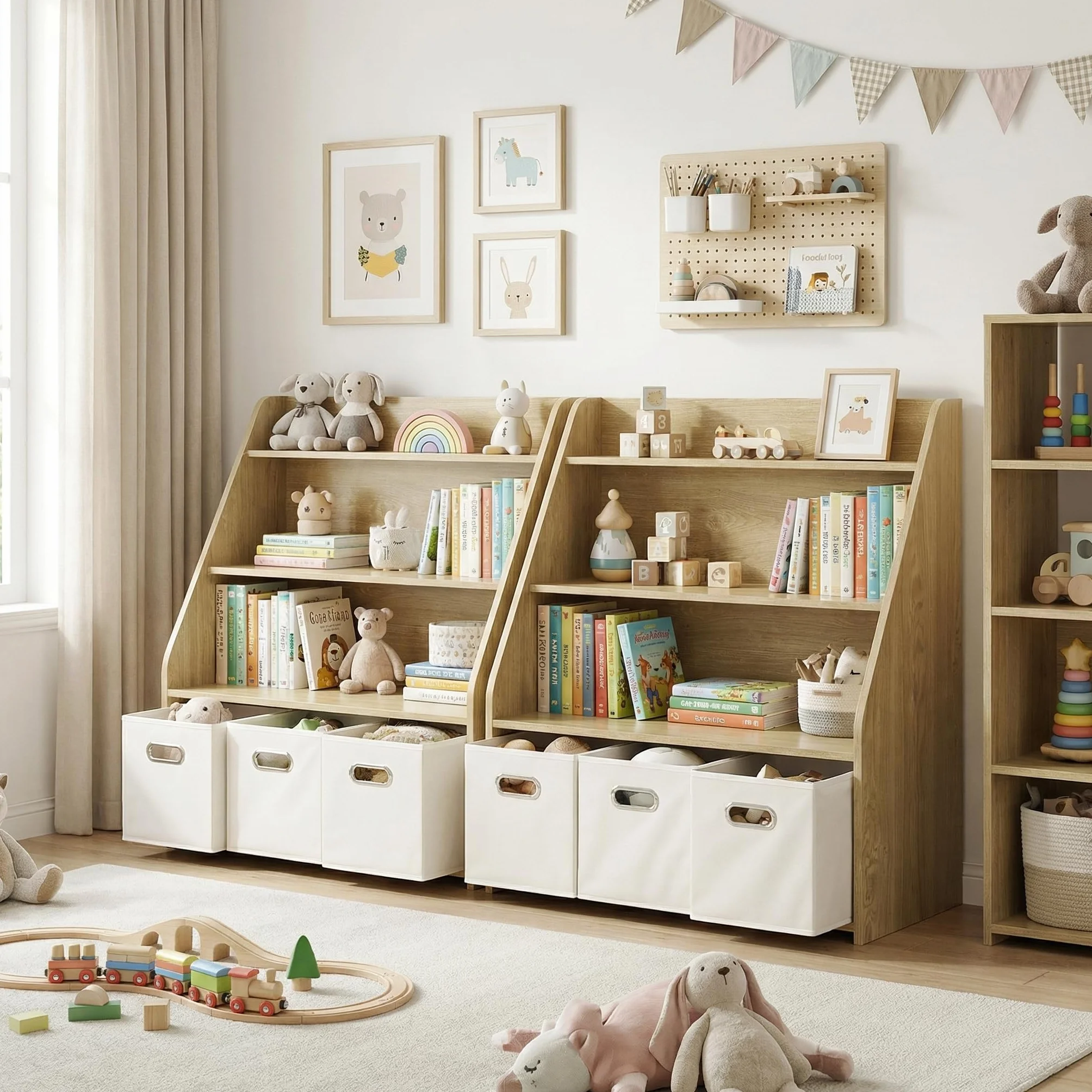 EFURDEN Estantería de Madera para niños con 3 cajones extraíbles, estantería para Juguetes y Libros 3 en 1 para habitación Infantil y Sala de Juegos, estantería de Almacenamiento Montessori