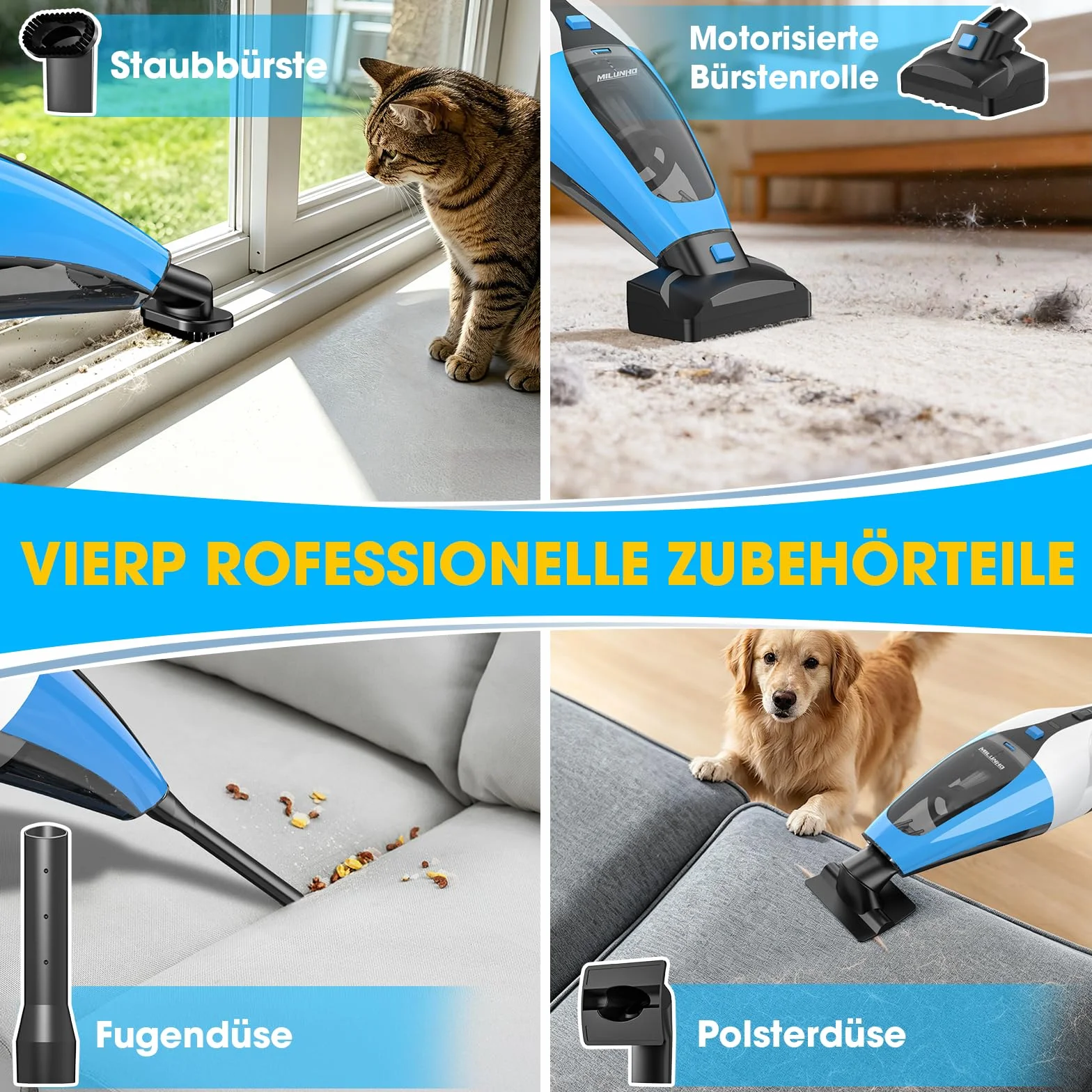 Aspiradora de mano inalámbrica recargable 4 en 1, aspiradora de pelo de mascotas con cepillo de goma giratorio, filtro HEPA, 25-30 minutos de trabajo
