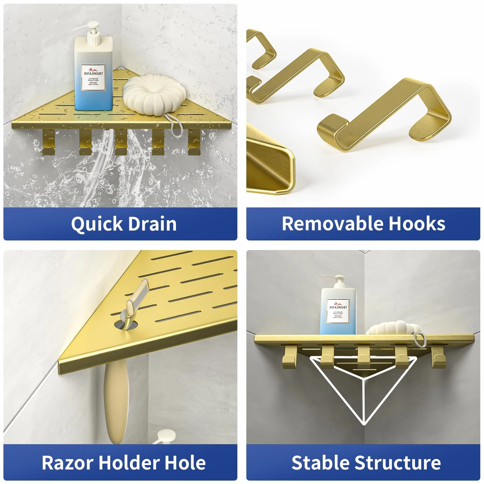 Estantería esquinera de Ducha con Ganchos de Acero Inoxidable 304, para Paredes de Azulejos, empotrable, para renovación de baño,el Dorado | Estante de ducha de 25,4 cm para renovación de baño, estante de esquina para pared de azulejos, color dorado