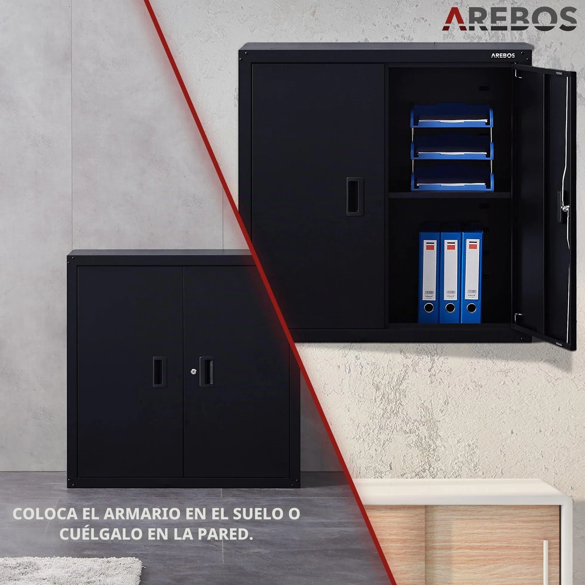 Arebos Armario de Oficina y Almacenamiento | 4 Estantes de Altura Ajustable | 90x90x40 cm | Negro