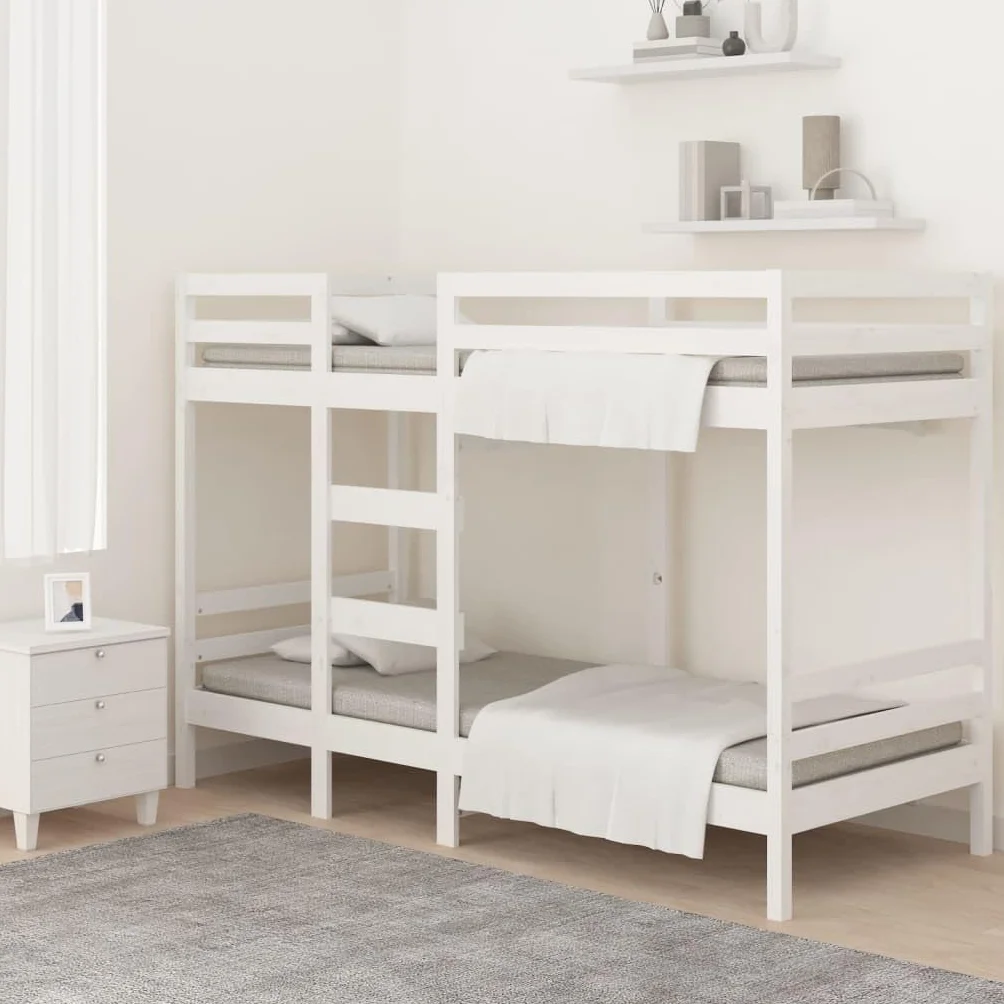 vidaXL Litera Cama Alta Somier Colchones Escalera Dormitorio Habitación Niños Adolescentes Adultos de Madera Maciza de Pino Blanco 75x190 cm