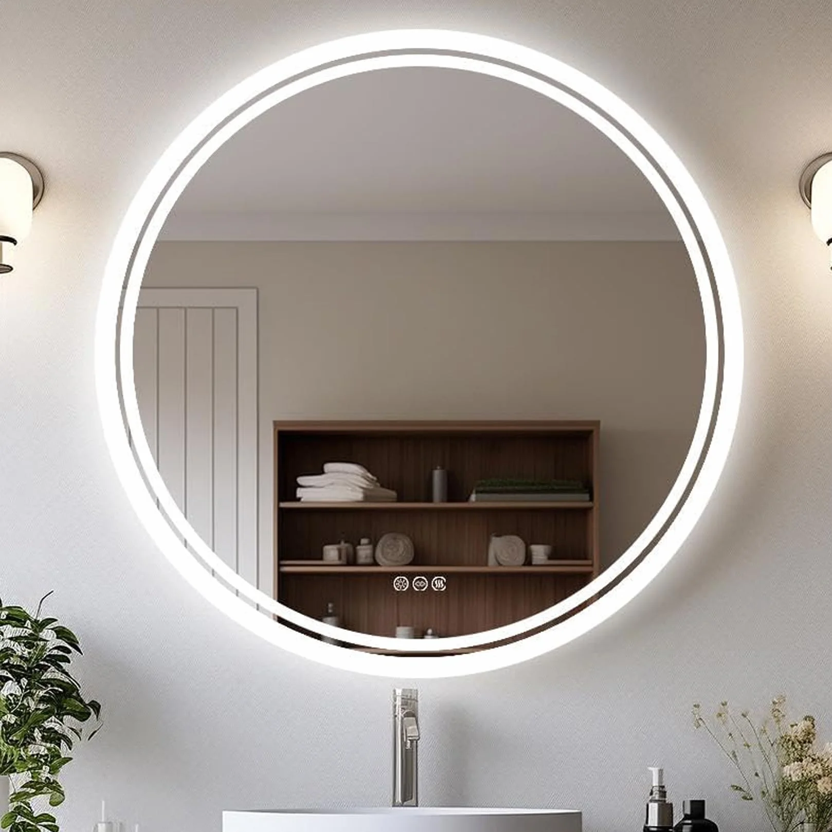 LUVODI - Espejo redondo LED retroiluminado, 80 cm, para cuarto de baño, luminoso, regulable, conectado, antivaho, botón táctil inteligente, maquillaje y afeitado, IP65, regulable, memoria