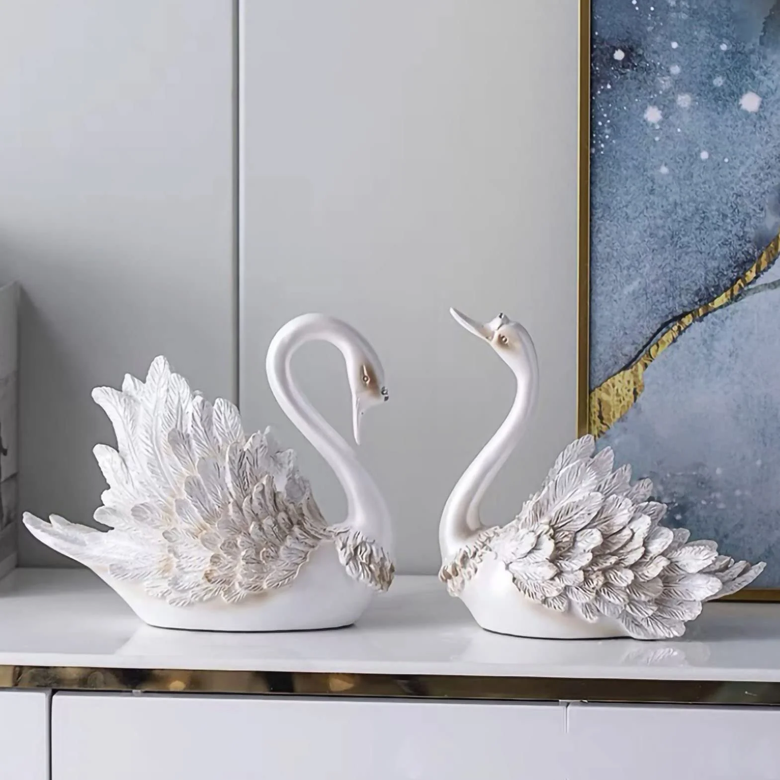 Fdit Conjunto Moderno de Adornos de Cisne para Decoración del Hogar, Regalos de Boda, Sala de Estar, Mueble de TV, Elegante Resina Sintética, 9,1x5,5x8,3 Pulgadas (Perla Blanca)