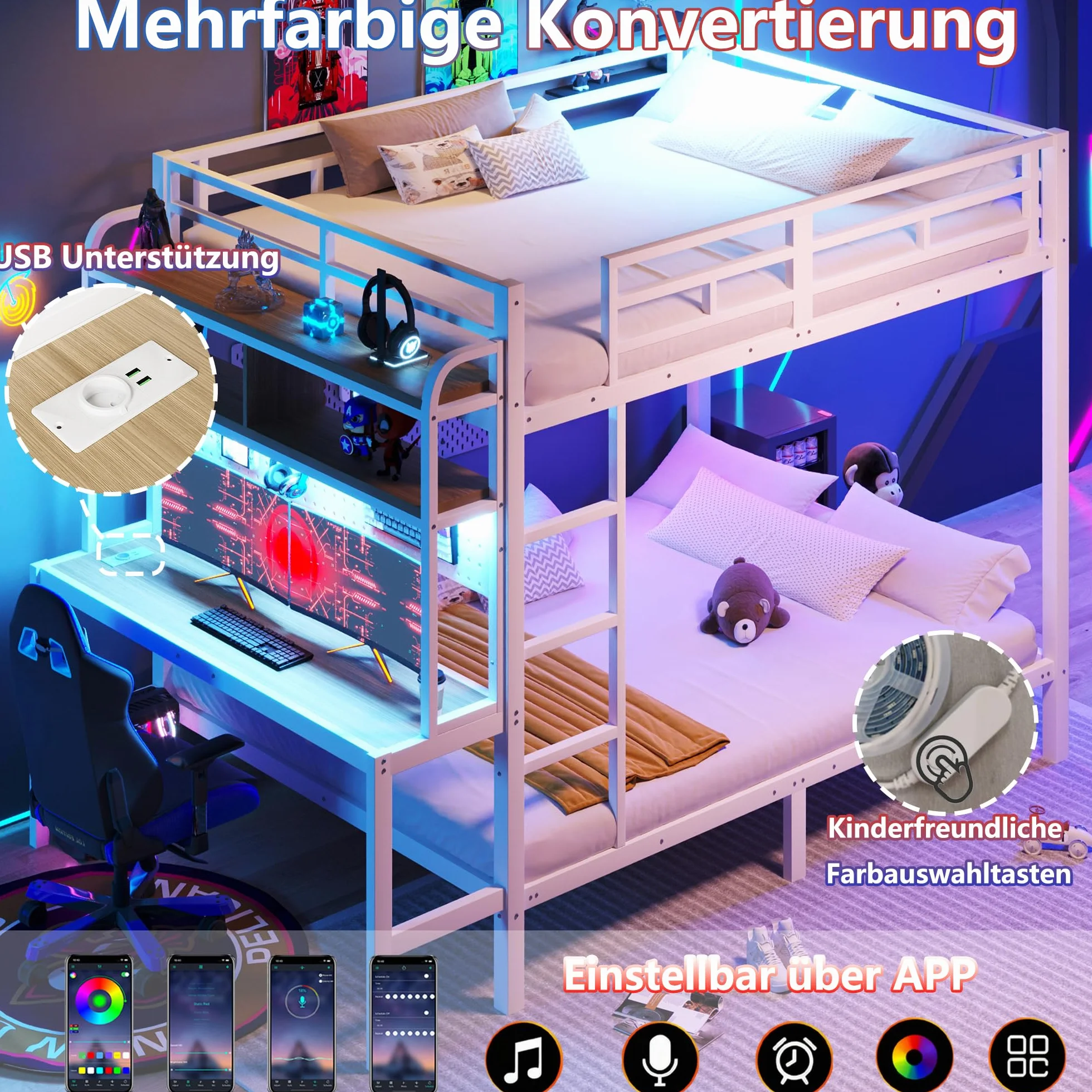 Litera de metal de 140 x 200 cm, con tira de luz LED y conector USB, escritorio, barandilla de seguridad, escalera, marco de hierro, cama alta para niños y jóvenes, sin colchón