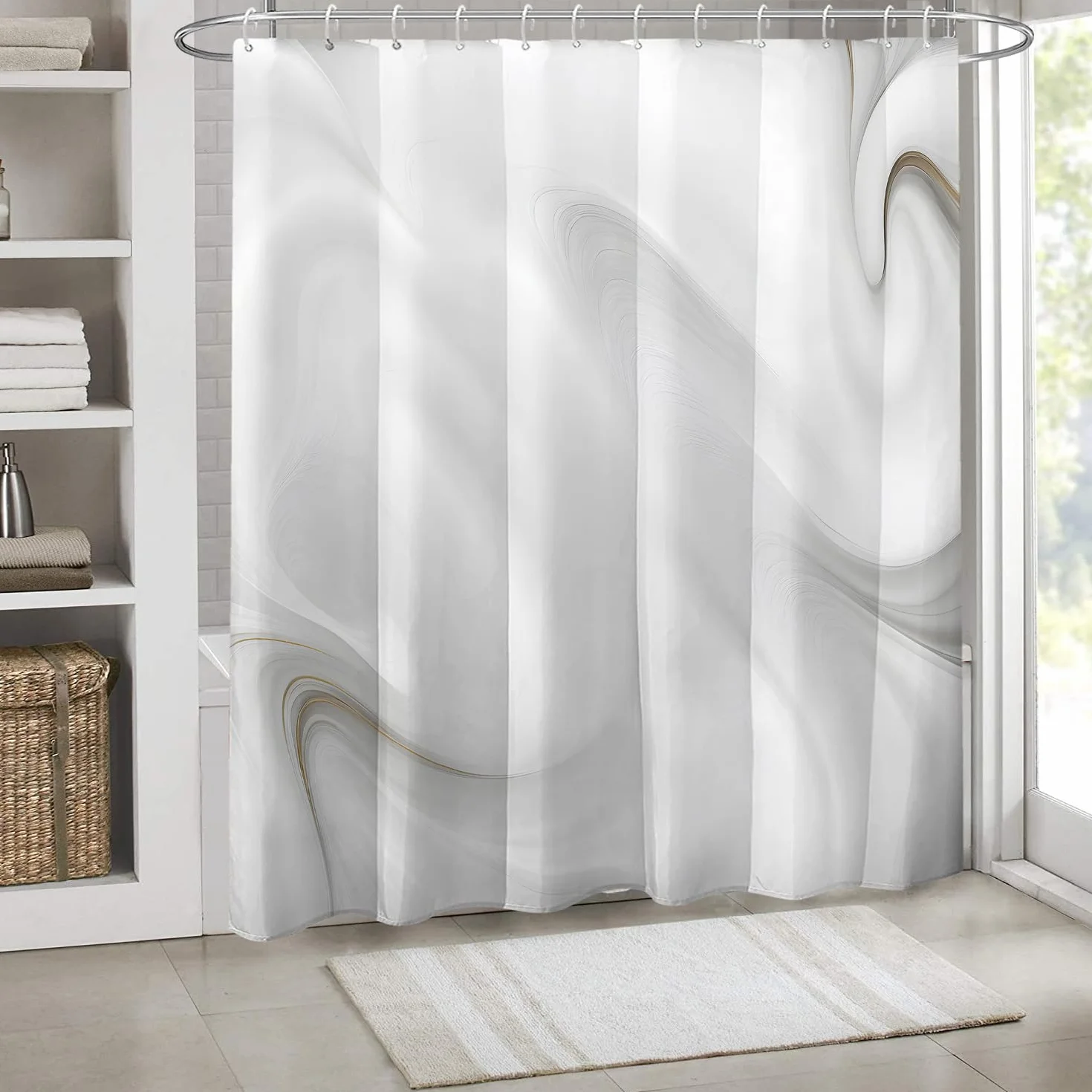 Cortina de ducha impermeable de mármol blanco y gris, tela de poliéster a prueba de moho para decoración de baño, uso en todas las estaciones, 145 x 213 cm, elegante y diseño