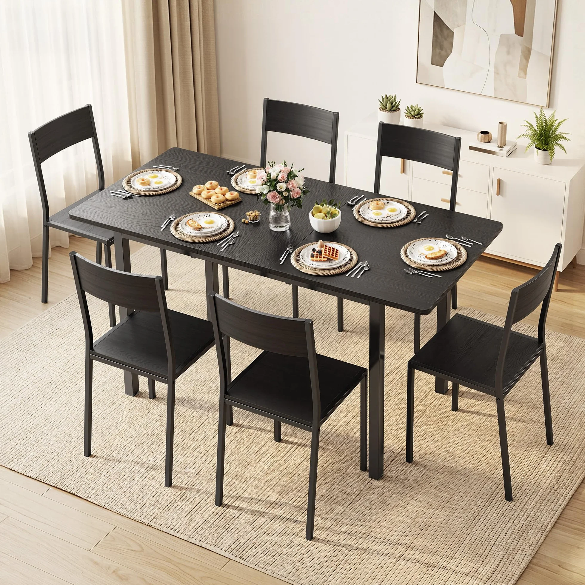 Xbro Conjunto Mesa y Sillas 6 Personas Extensible, Mesa Comedor con 6 Sillas, Ahorro de Espacio, Estructura Metálica Estable, Fácil de Montar, Cocina Comedor 110–140 cm