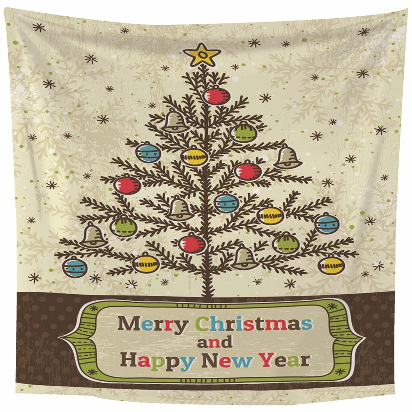 Tapiz Liso Pared, Decoracion Navidad Ventana Árbol de Navidad, Y, Campana, Copo de Nieve Beige Marrón Verde Poliéster Tapiz Pared Decoration 350X256cm