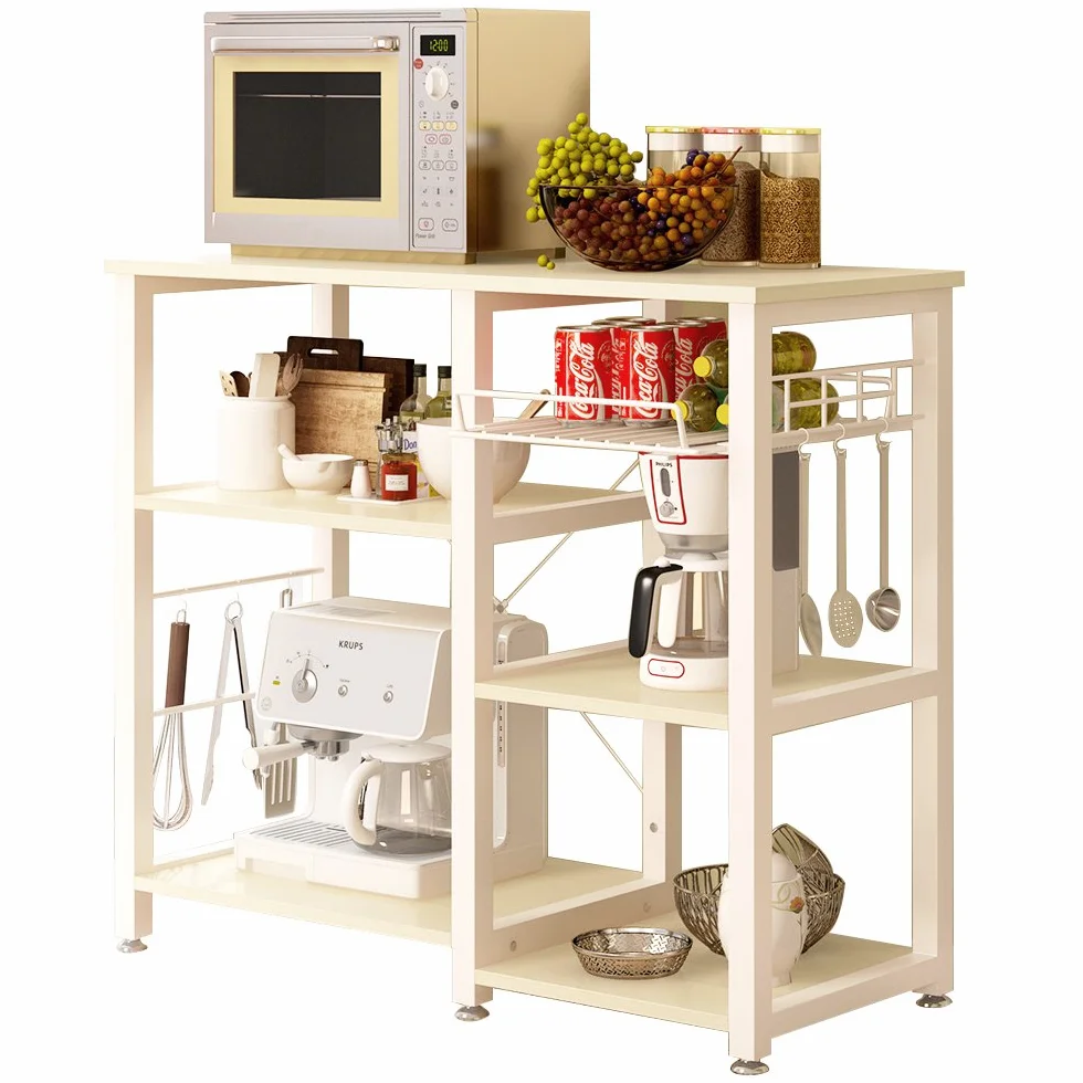 SogesHome Estantería de Cocina con 3 Estantes y Cesta Metálica, Mesa Auxiliar de Cocina con Estanterías Soporte de Microondas con Ganchos, 90 x 40 x 83 cm