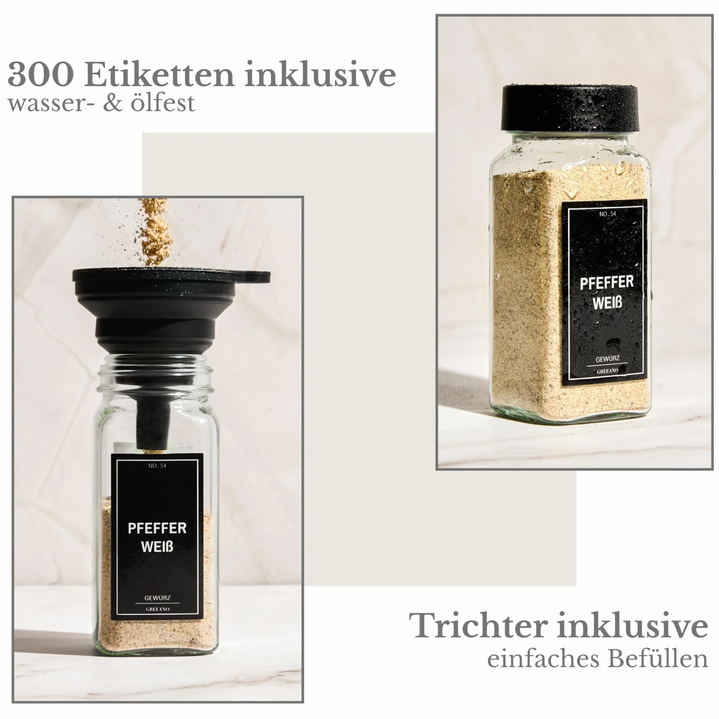 Juego de tarros de especias [24 x 120 ml] con 300 etiquetas [DE] – Almacenamiento de especias con bandeja para esparcir – Tarros de cristal – Tarros de especias – Tarros de especias – Tarros