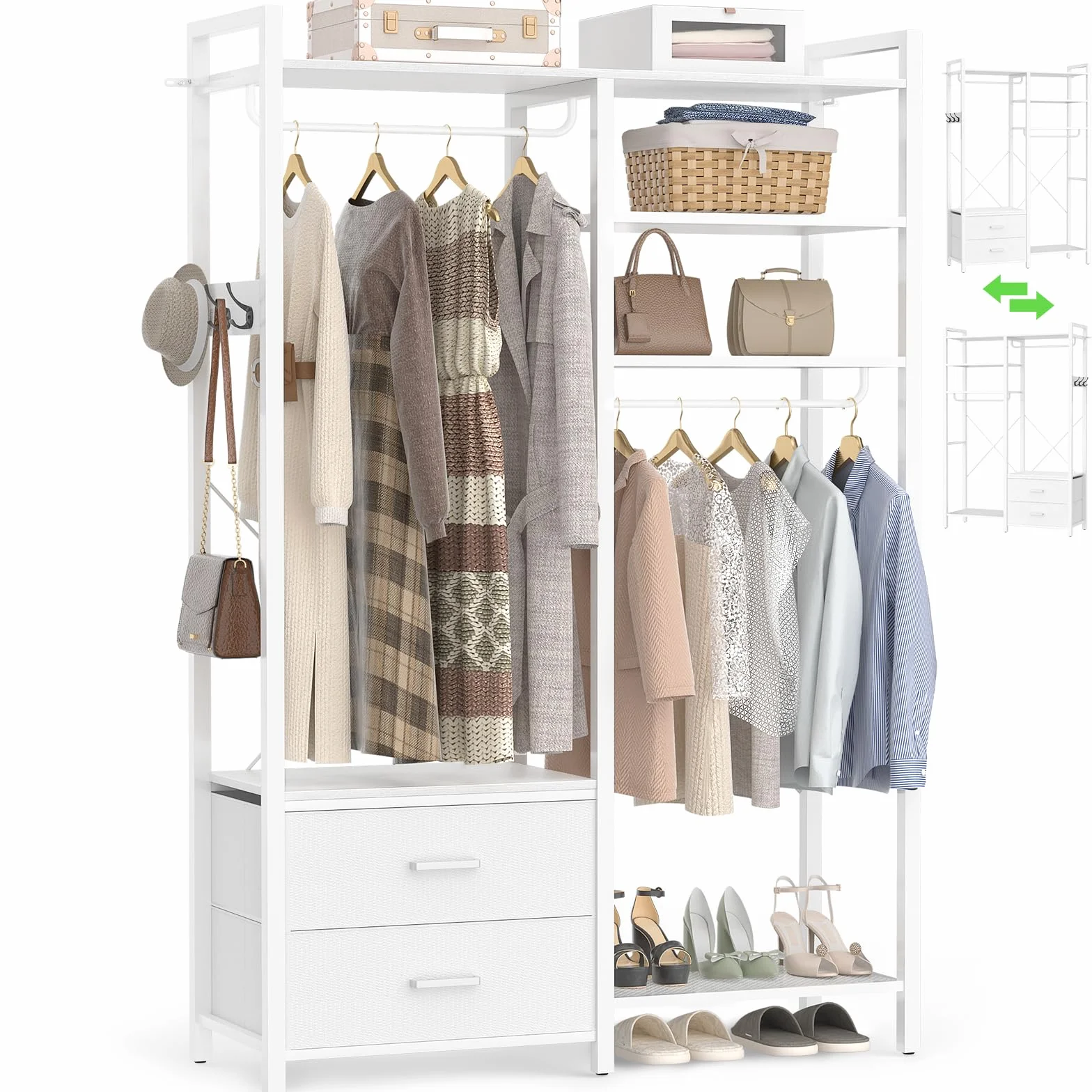 iSunirm Perchero para ropa para colgar la ropa – Perchero reversible con 2 cajones, perchero robusto con estantes, sistema de armario autoportante de 6 niveles con ganchos