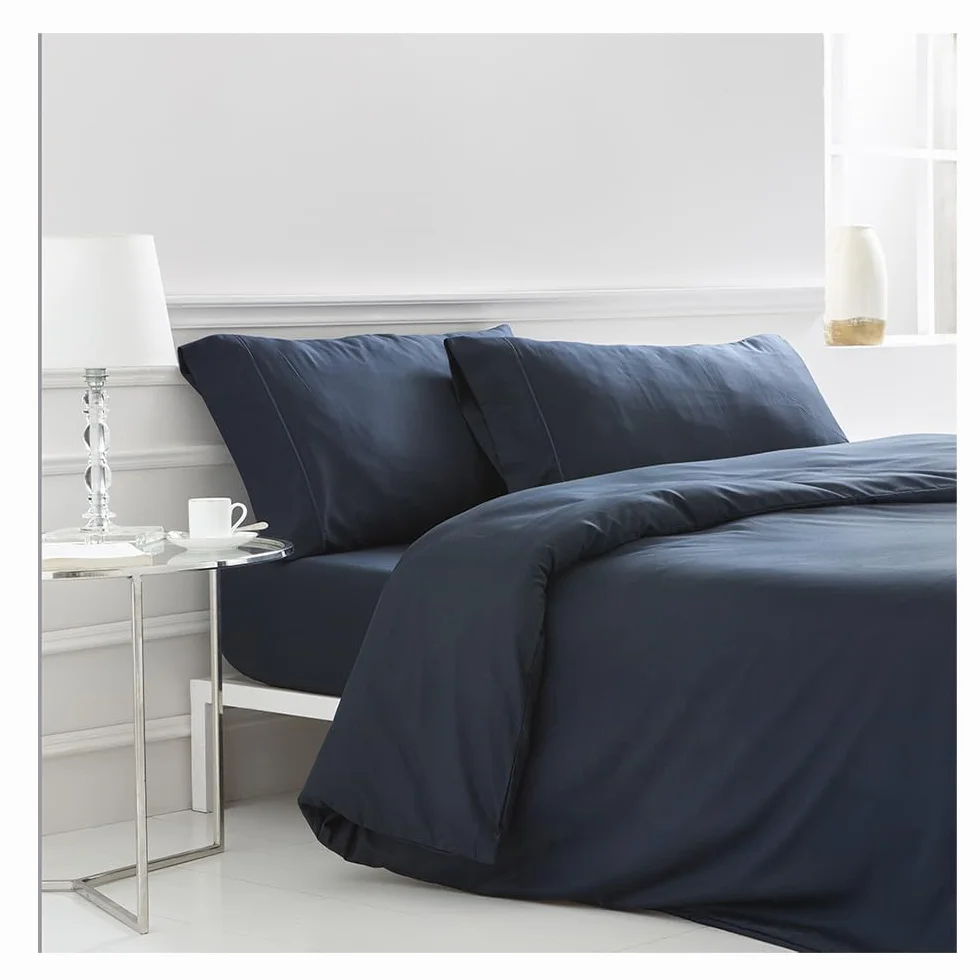 COTTON ARTean Funda Nórdica cama 105 satén algodón 400 Hilos LOREA Azul Funda edredón 180x220 + 1 Funda Almohada + Bajera Ajustable Cierre con Botones.