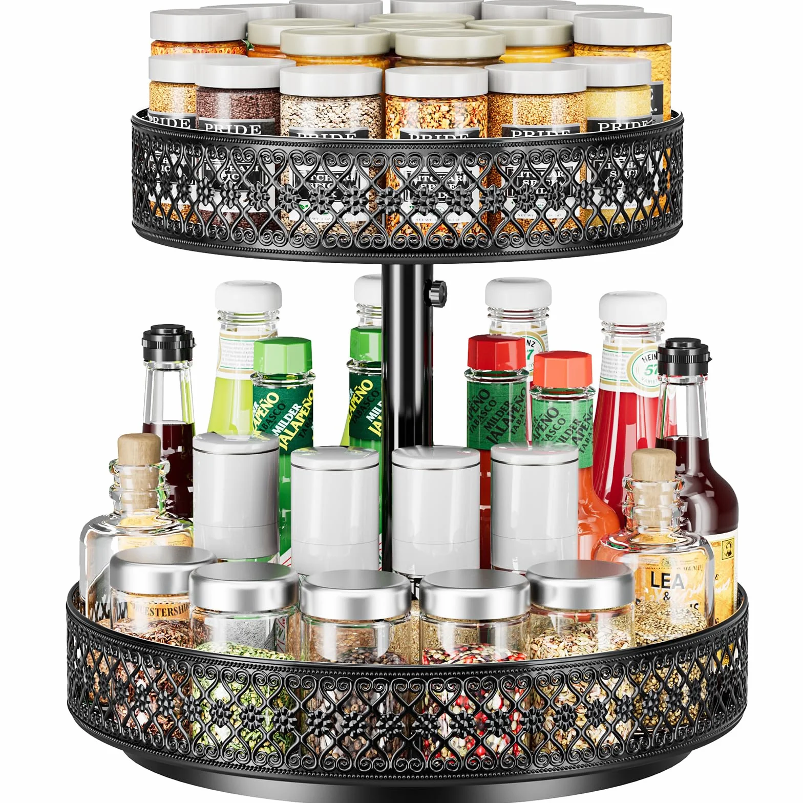 Especiero Lazy Susan 2 niveles 360°, organizador giratorio de metal 30 cm | Bandeja giratoria floral para especias y objetos pequeños. Ideal para cocina, despensa, nevera, baño y mesa.
