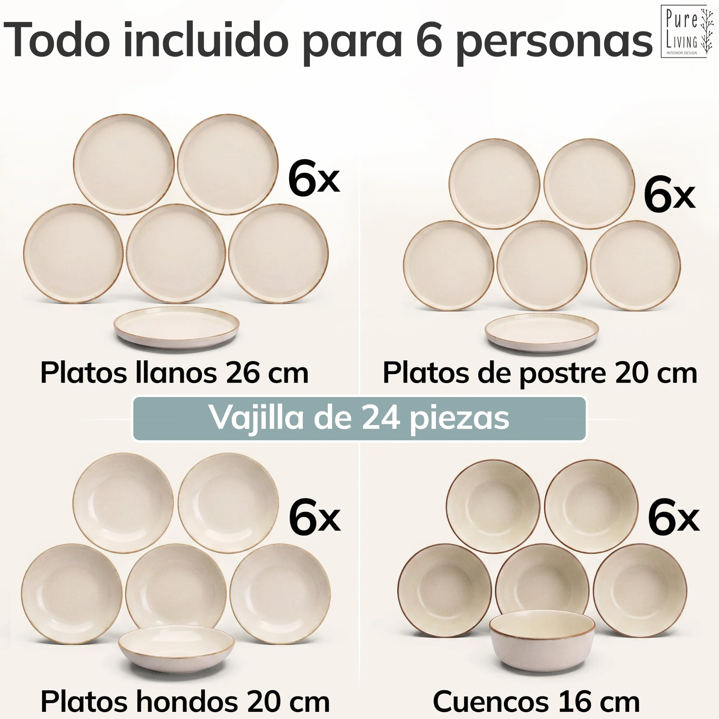 Vajillas para 6 Personas, Set de Steingut Rustic de 24 Piezas - Diseño Rústico y Moderno, Apto para Lavavajillas - Juego de Platos y Cuencos - Vajilla Pure Living en Color beige