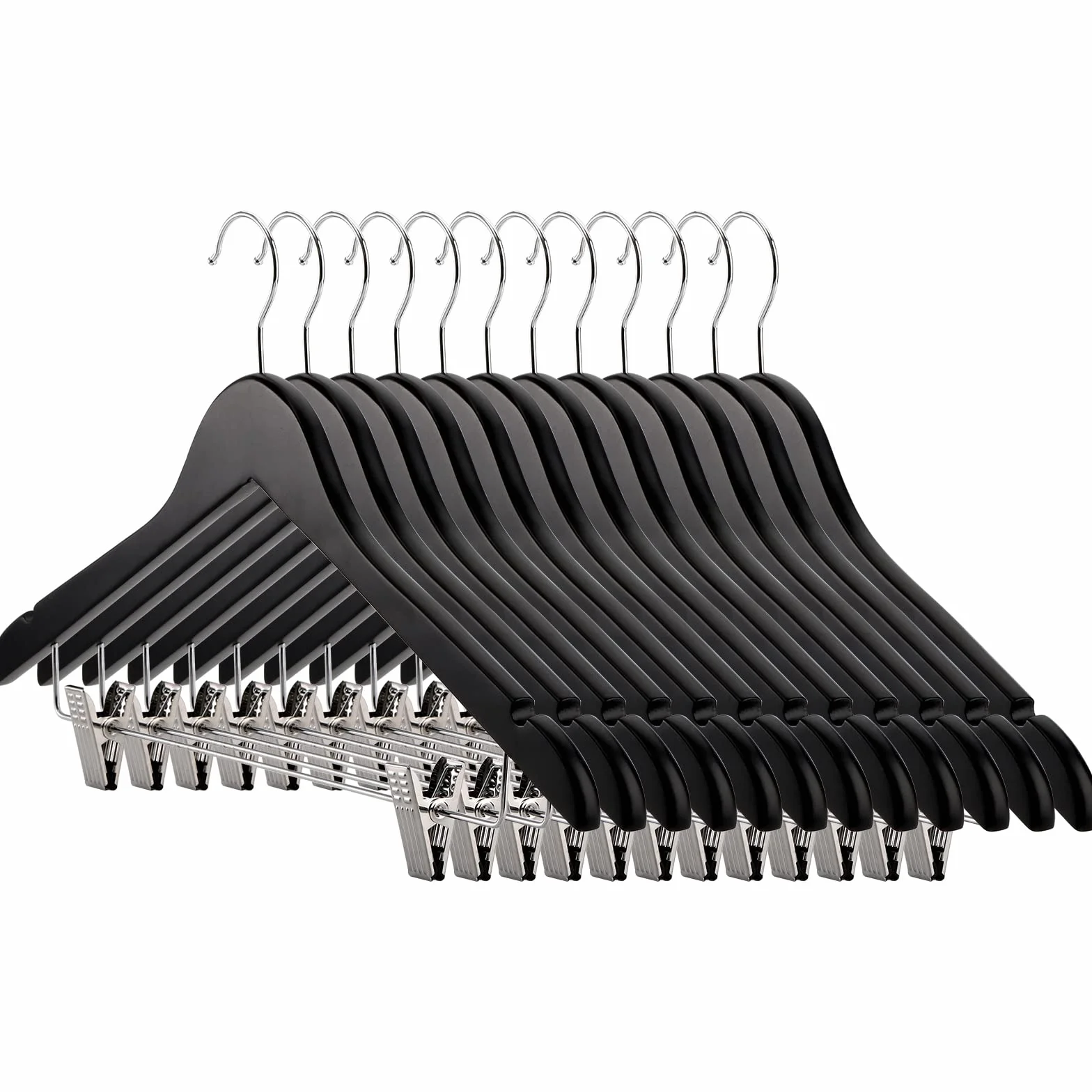 Tosnail Paquete de 12 perchas de madera para pantalones, perchas de madera para trajes con clips y ganchos de acero, colección de madera maciza natural, perchas de ropa estándar, color negro